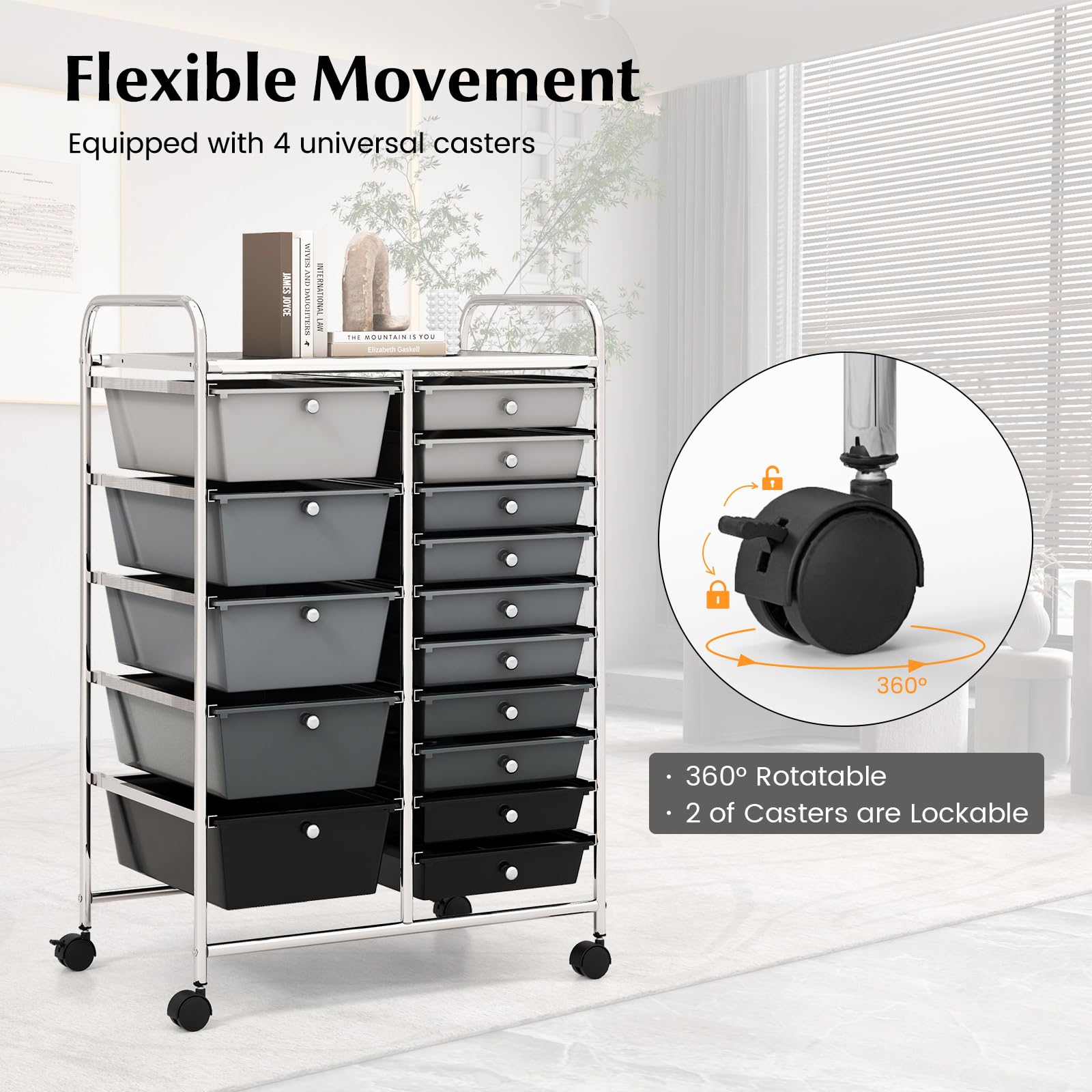 COSTWAY 15-Drawer Rolling Storage Cart with Lockable Wheels & Removable Drawers - Mobile Utility Organizer for Office, School, Home - Perfect for Tools, Scrapbooking & Paper Organization (Black) - Ideal for Craft Rooms, Workshops & Classroom Storage