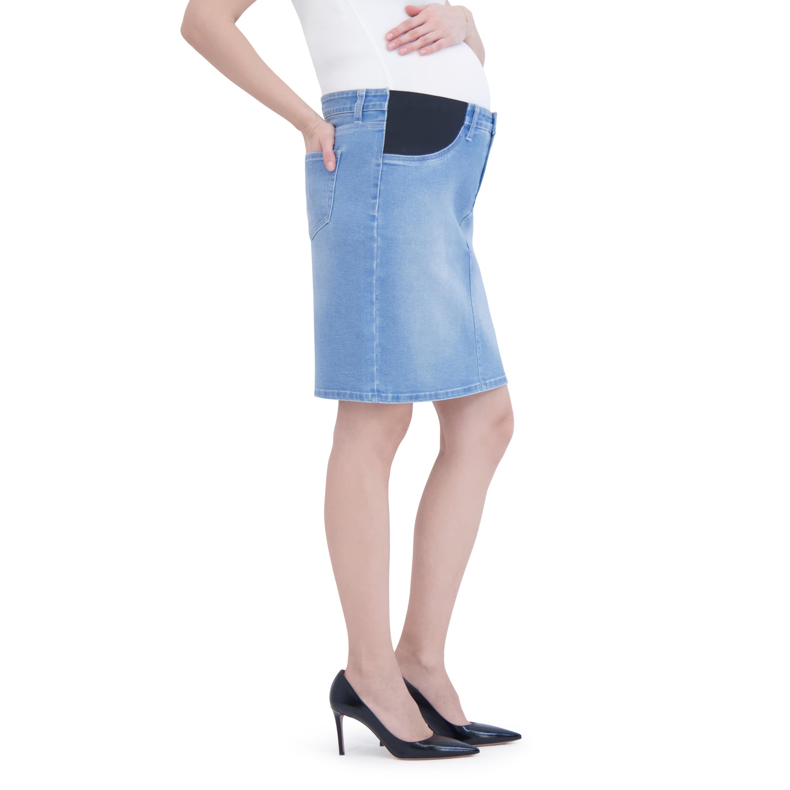 Savi Parker Denim Maternity Pencil Skirt with Pockets - Stretch Comfort Fit Pregnancy Jean Skirt for Work, Casual & Special Occasions