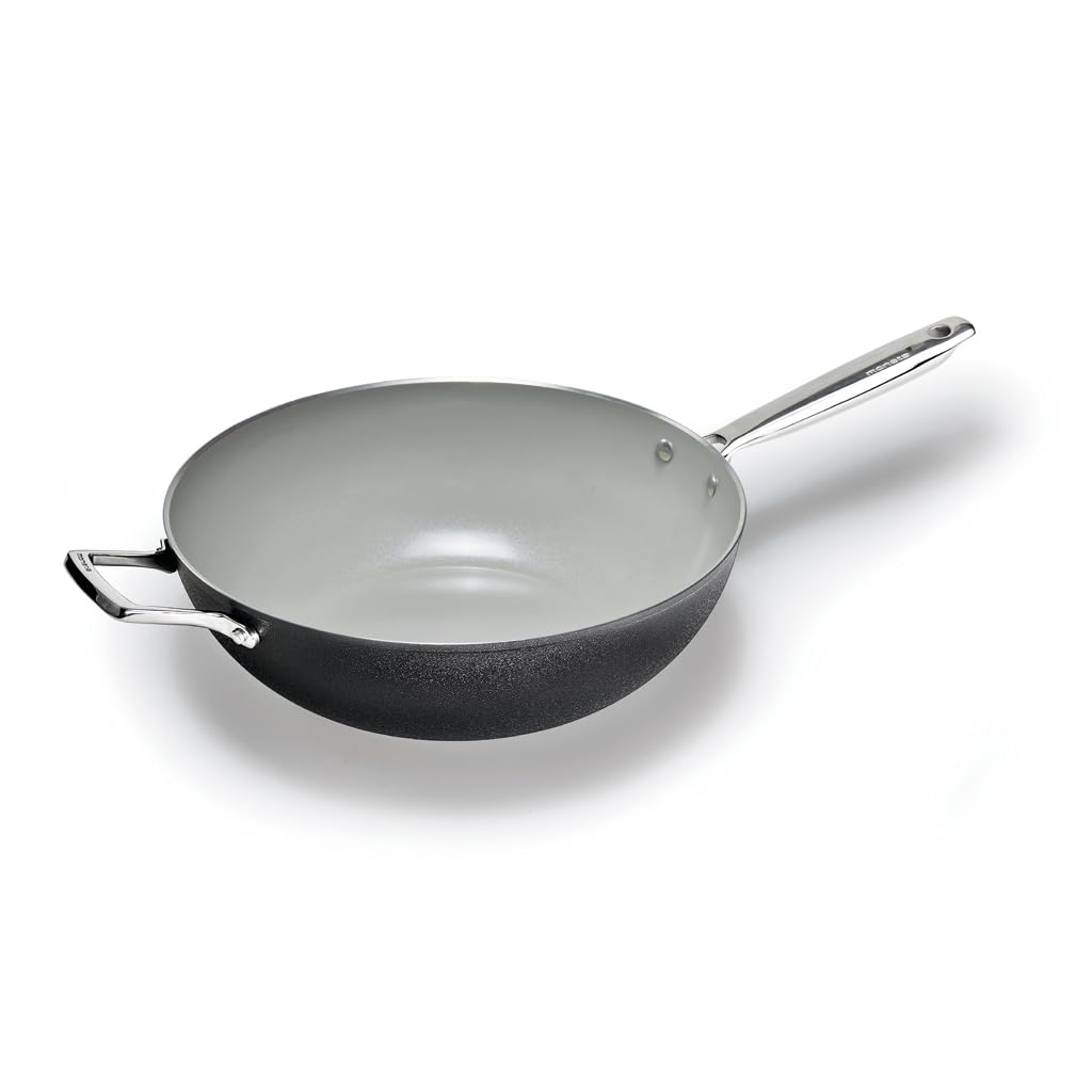 Moneta Armonia Finegres 32cm Wok Pan with 1 Handle + 1 Helper Handle, Natural FineGres Coating (PFAS-Free), Induction Compatible - 100% Made in Italy - Perfect for Stir-Frying, Sautéing & Asian Cooking