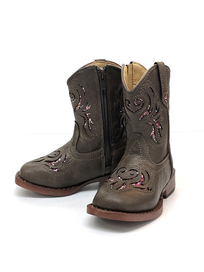Roper 09 017 1901 2015 Toddler Girls' Glitter Breeze Square Toe Western Cowboy Boots - Brown Leather Booties for Kids - Perfect for Rodeo, Dance & Western Fashion