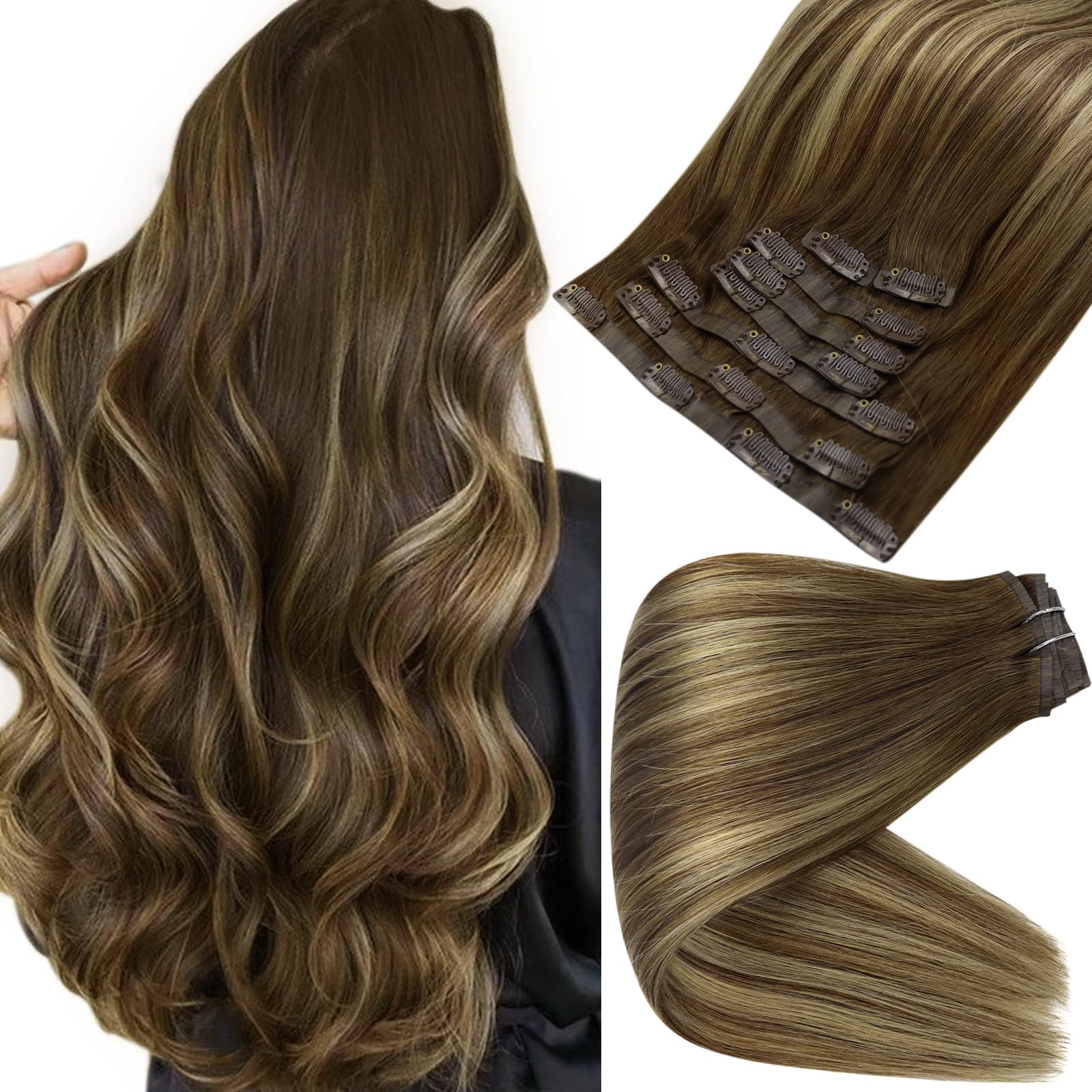 Silky Straight Brazilian Human Hair Extensions Clip in 8Pcs 120g 22 Inch - Full Shine Brown to Honey Blonde Blend Remy Hair for Natural Volume & Length | Perfect for Parties, Weddings & Daily Styling