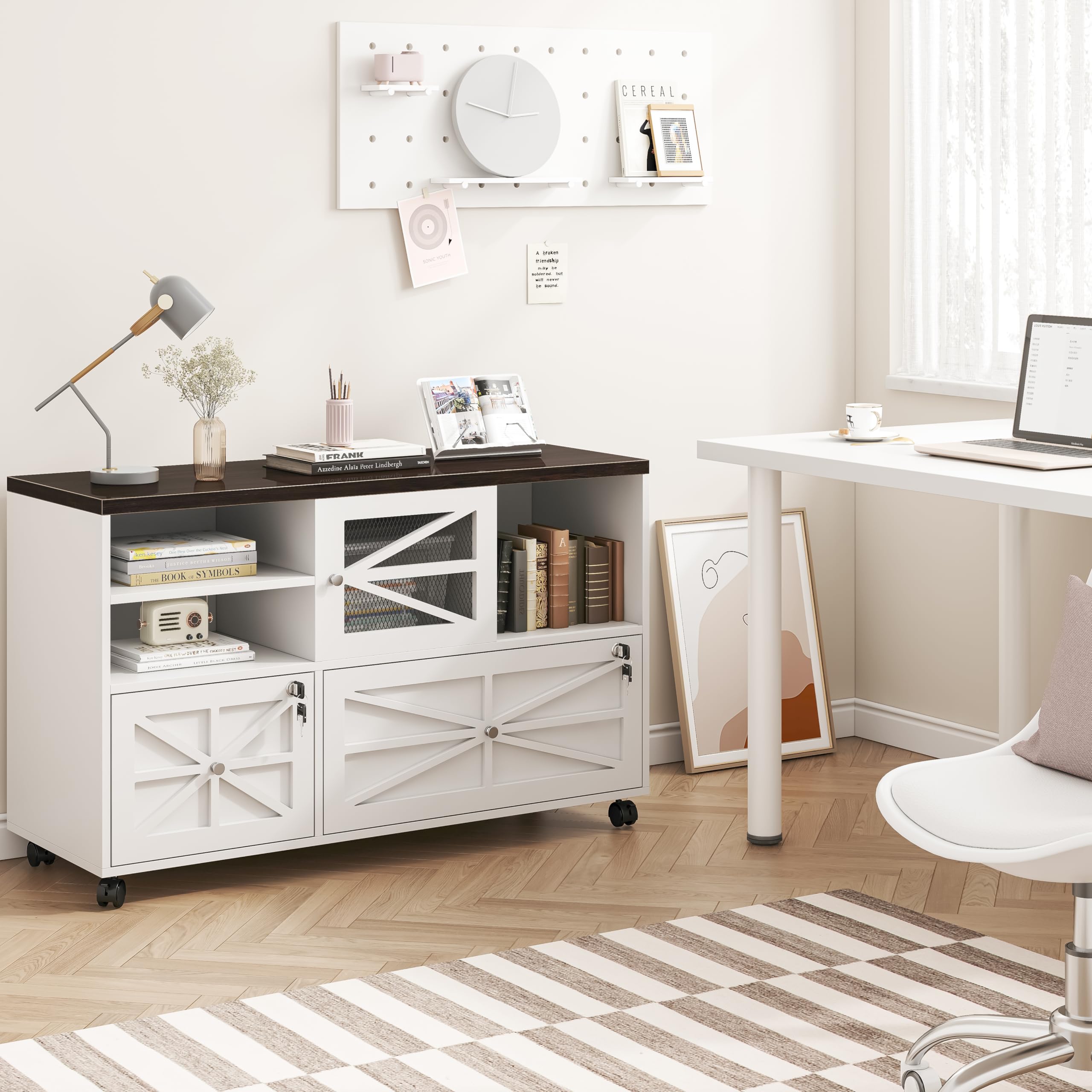 2-Drawer Locking File Cabinet with Wheels - Adjustable Shelf for Letter, Legal, F4 & A4 Files - Home Office Storage Solution for Documents & Supplies (White & Brown) - Perfect for Small Spaces & Shared Workspaces