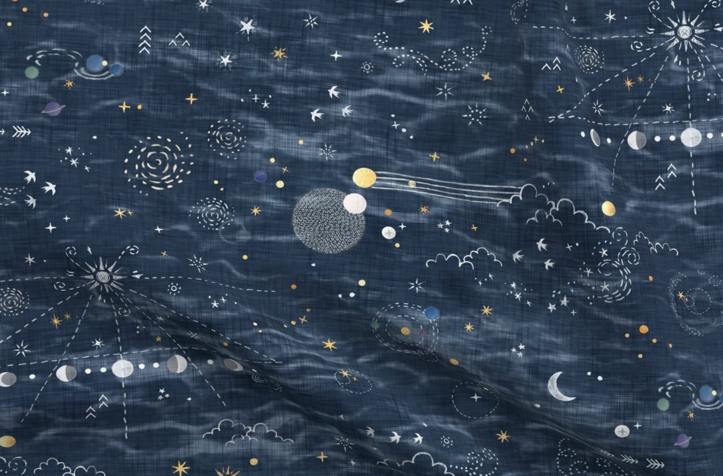 Stargazer Astronomy Constellation Planets Moon Stars Clouds Shibori Printed Velvet Upholstery Fabric - Fat Quarter for Home Decor, Apparel & DIY Projects | Perfect for Curtains, Pillows, Quilting & Fashion Design
