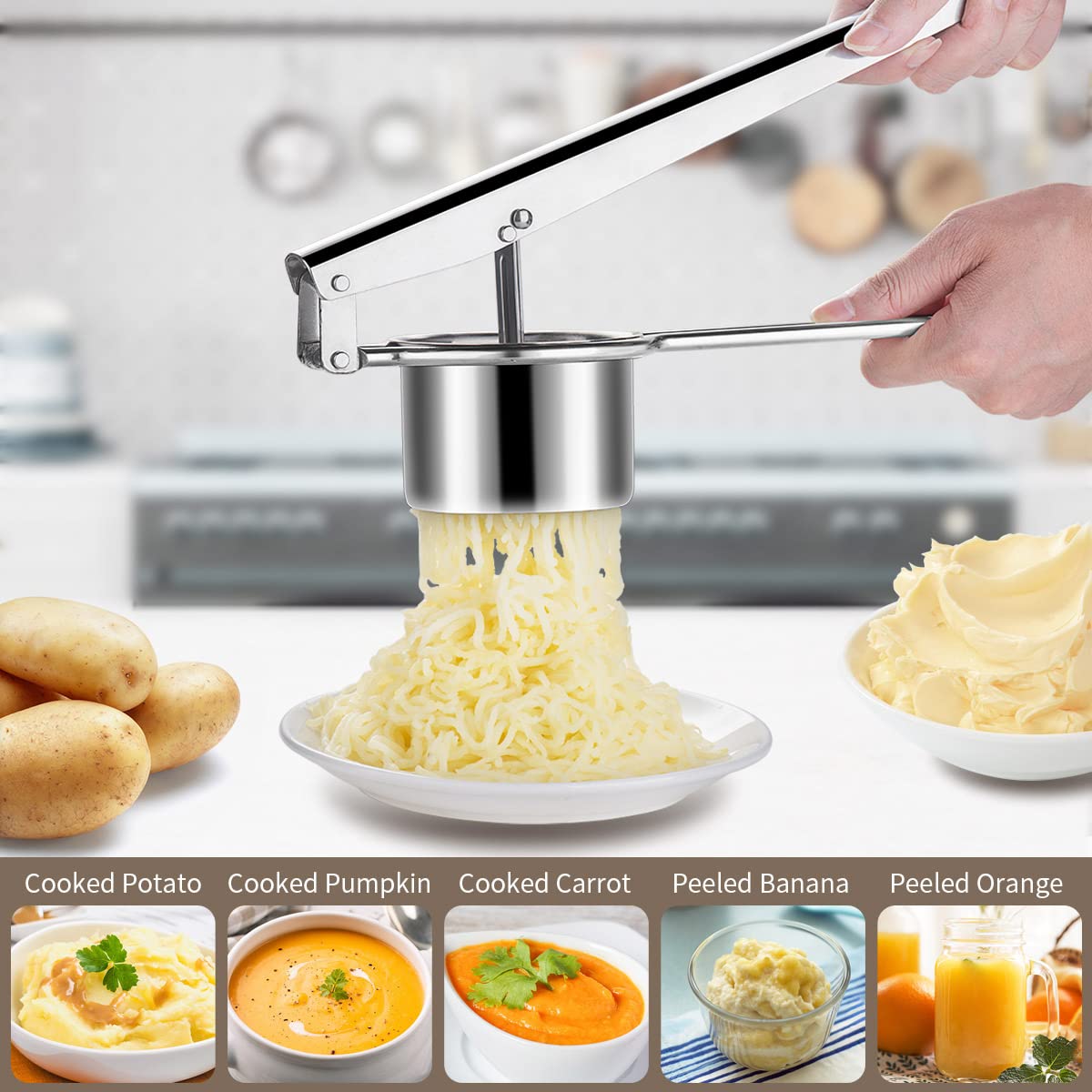 Stainless Steel Potato Masher & Ricer - Heavy Duty Kitchen Tool for Smooth Mashed Potatoes, Cauliflower Rice - Perfect for Thanksgiving, Baby Food & Meal Prep