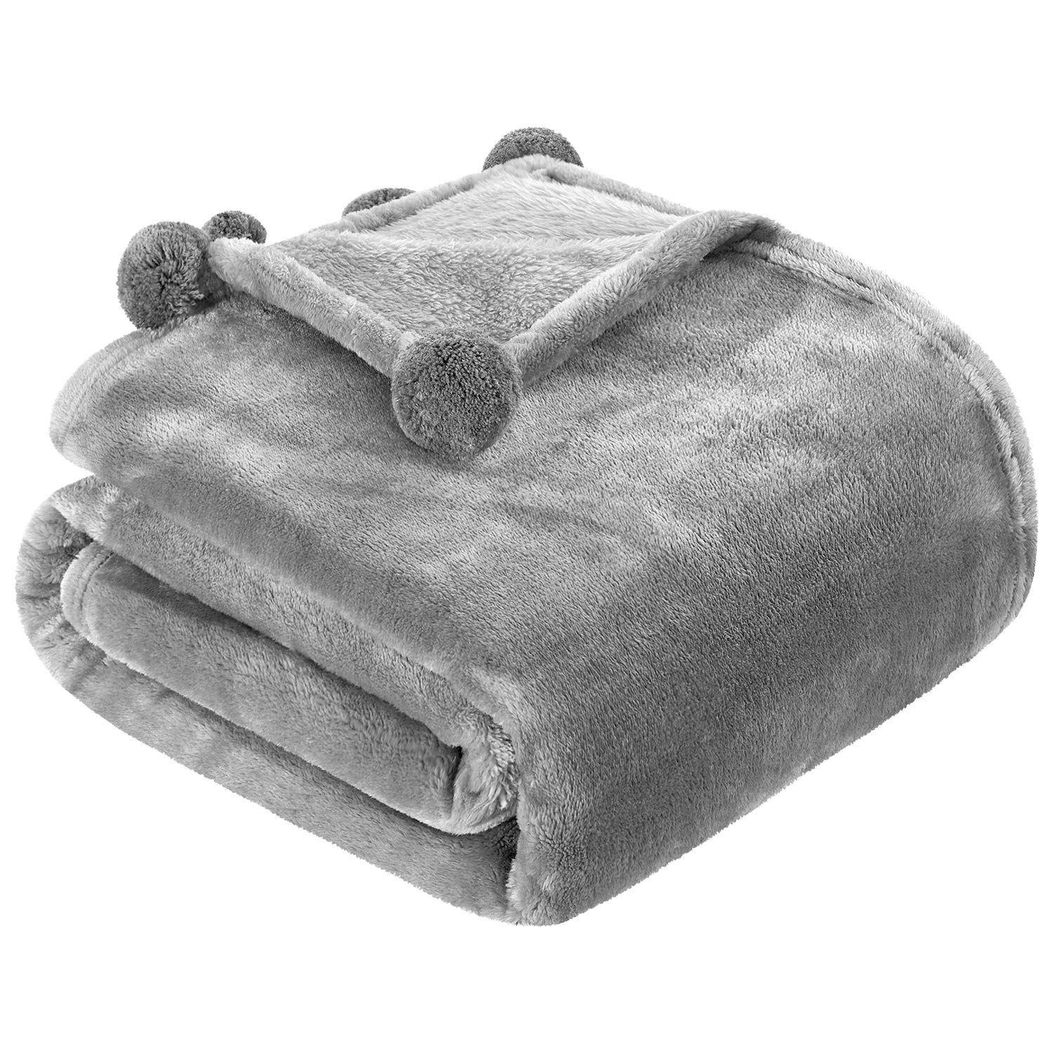HOMEIDEAS Flannel Fleece Blanket Throw 50x60 Inches - Ultra Soft Lightweight Fuzzy Blanket for Couch, Bed, Camping & Travel - All Season Cozy Blanket with Pompom Fringe (Light Grey) - Perfect for Netflix Nights, Picnics and Gift Giving