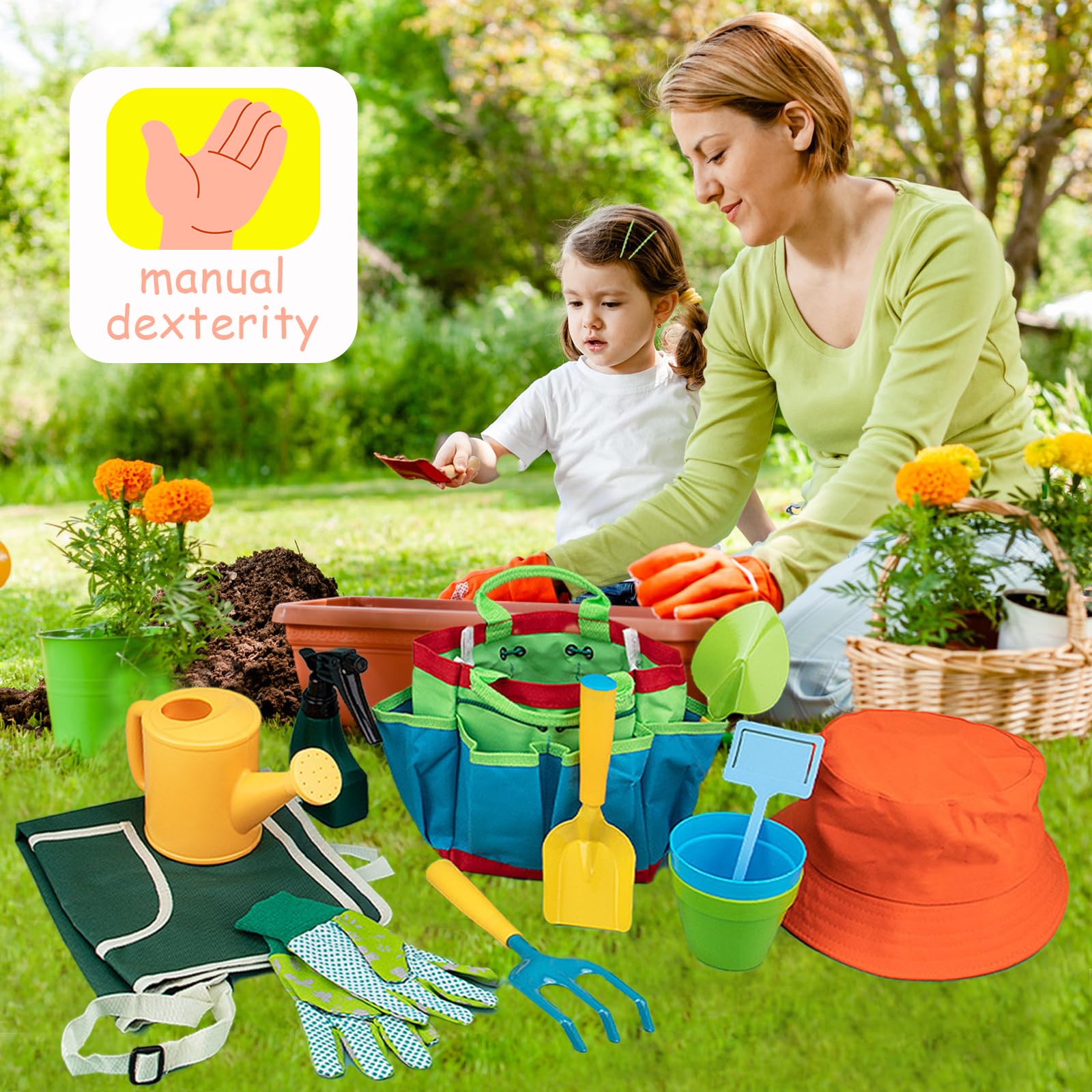Herego 13-Piece Kids Gardening Tool Set - Shovel, Rake, Fork, Trowel, Apron, Gloves, Watering Can & Tote Bag | Durable Outdoor Toys for Toddlers & Children | Perfect for Gardening, Beach Play & Outdoor Learning Activities