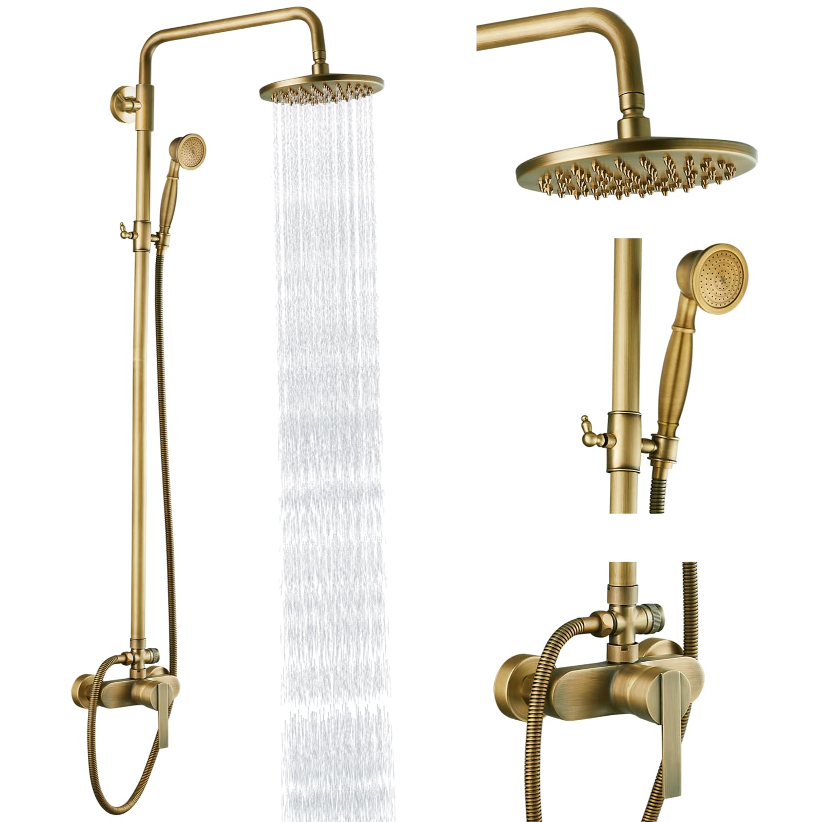 Vintage Brass Exposed Pipe Shower System - 8 Inch Rainfall Shower Head & Handheld Sprayer Combo Set with Single Handle - Dual Function Bathroom Faucet for Luxurious Spa Experience