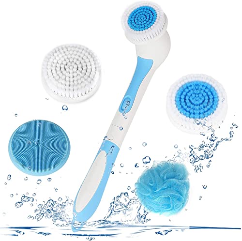 Electric Exfoliating Body Brush with 4 Spin Heads - Long Handle Shower Scrubber for Deep Cleansing & Massage - Soft Silicone Skin Brush for Men & Women - Perfect for Spa Days & Dry Brushing Therapy