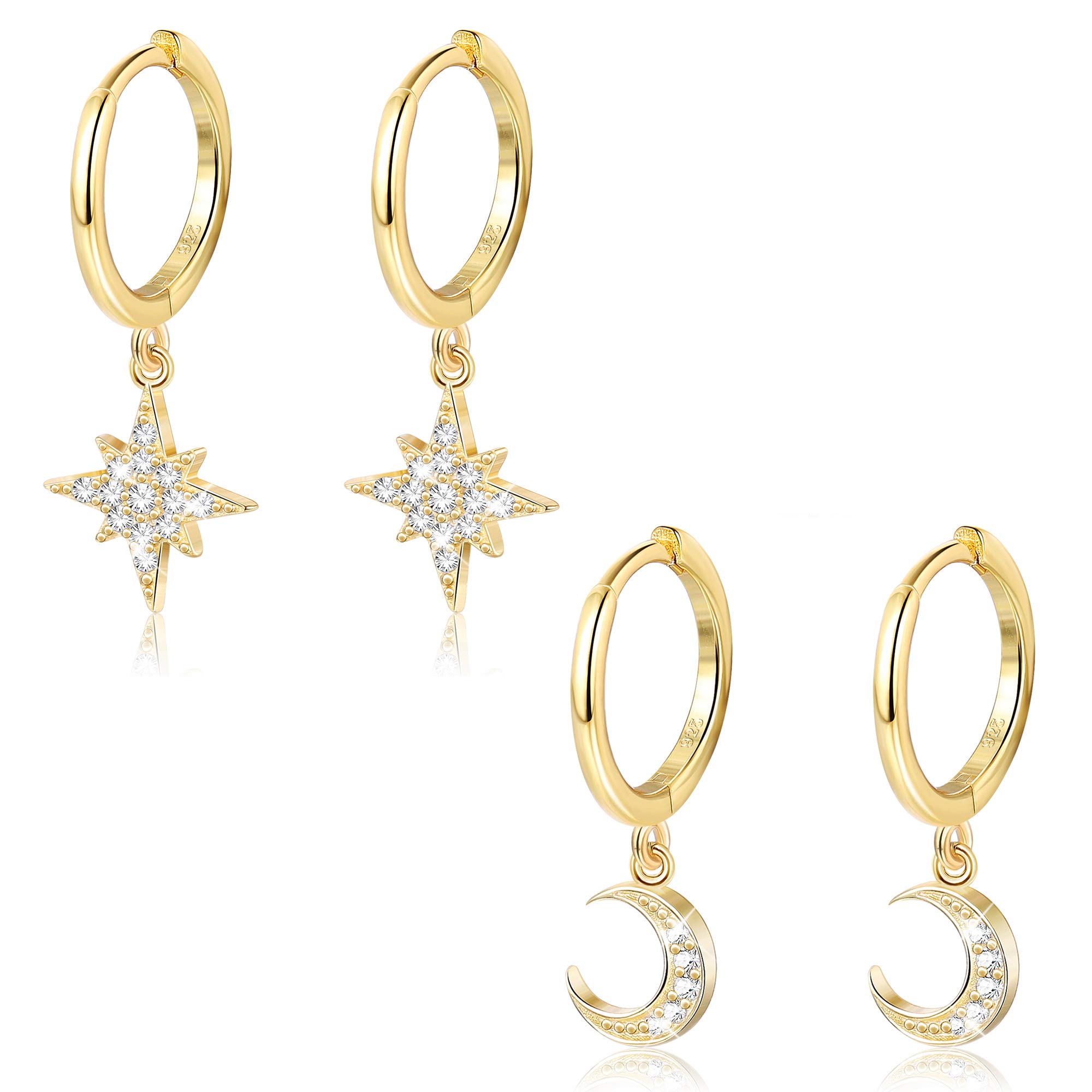 Milacolato 2 Pairs 925 Sterling Silver Moon & Star Dangle Hoop Earrings with CZ Stones - Elegant Huggie Cartilage Earrings for Women | Perfect for Everyday Wear, Parties & Gifts