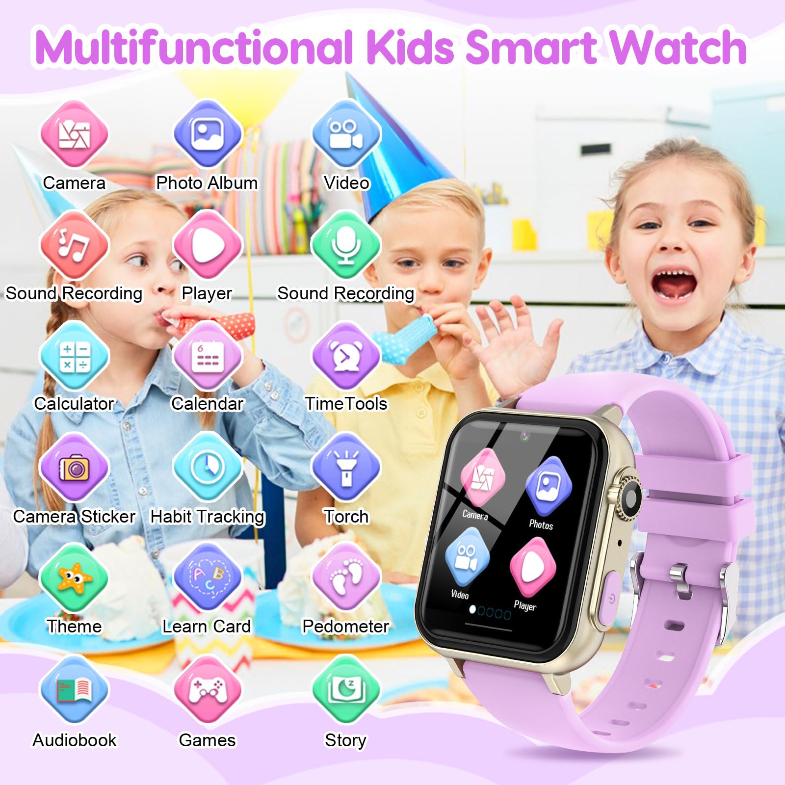 Smart Watch for Kids Ages 4-12 - Waterproof HD Touch Screen with Camera, 30+ Games & 140 Learning Cards - Educational Birthday Gift for Girls & Boys - Perfect for School, Playtime & Outdoor Activities (Purple)