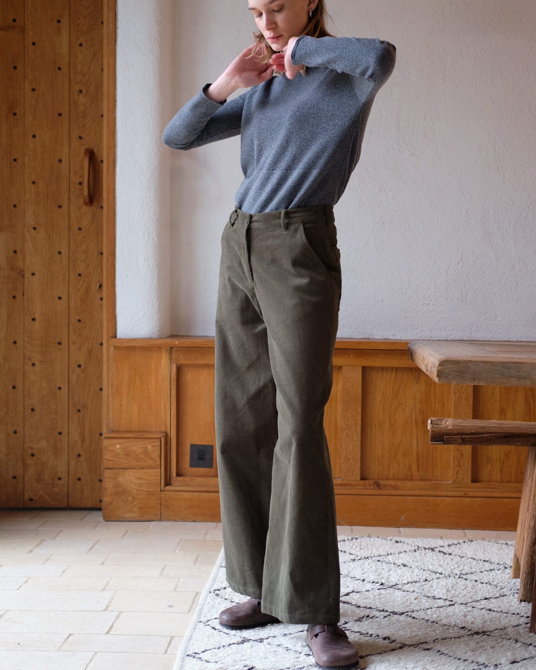 Harper Cotton Wide Leg Pants for Women | Olive Green Corduroy Trousers | Comfortable Casual & Office Wear