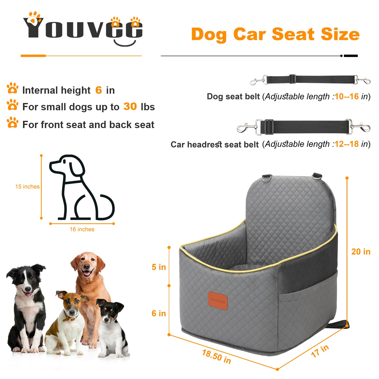Youvee Elevated Dog Car Booster Seat for Small Dogs up to 30 lbs - 6