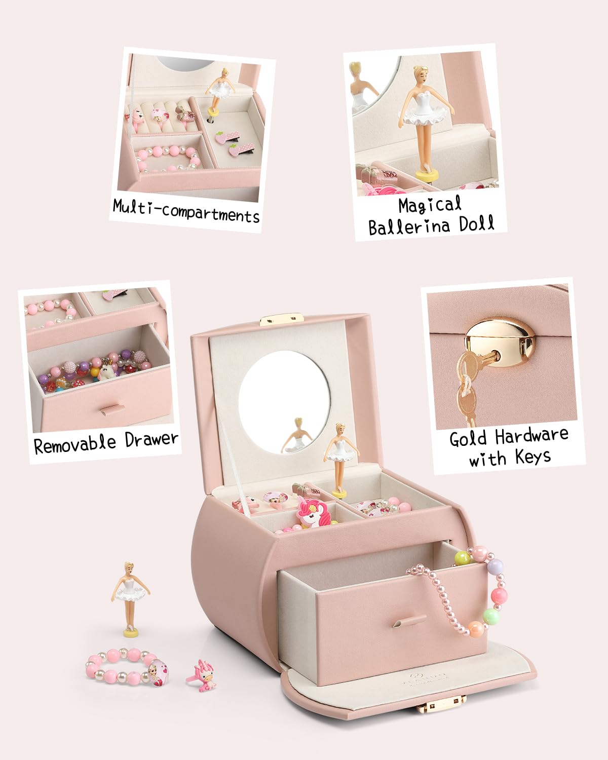 Vlando Girls Jewelry Box with Drawer - Musical Ballerina Jewelry Organizer with Stickers, Pink Gift Box for Kids & Teens | Perfect for Bedroom Decor, Birthday Gifts & Jewelry Storage