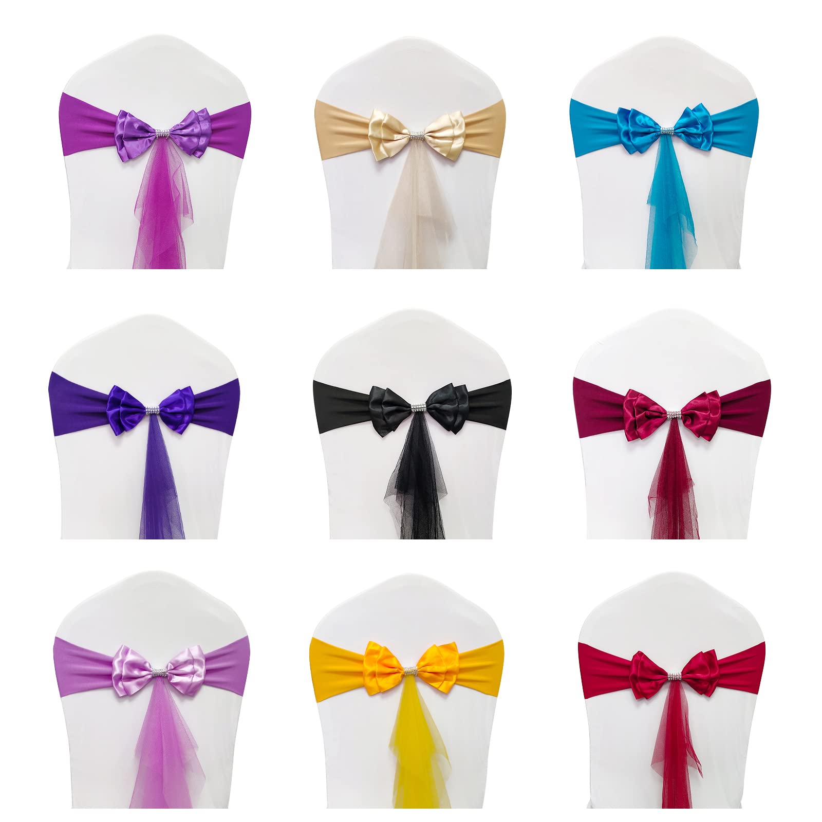 Elegant Gold Yellow Organza Chair Sash Bows - Pack of 60 for Wedding Chair Decorations, Party Decor & Banquet Events - Floating Tied Spandex Chair Cover Bands with Bowknot for Special Occasions