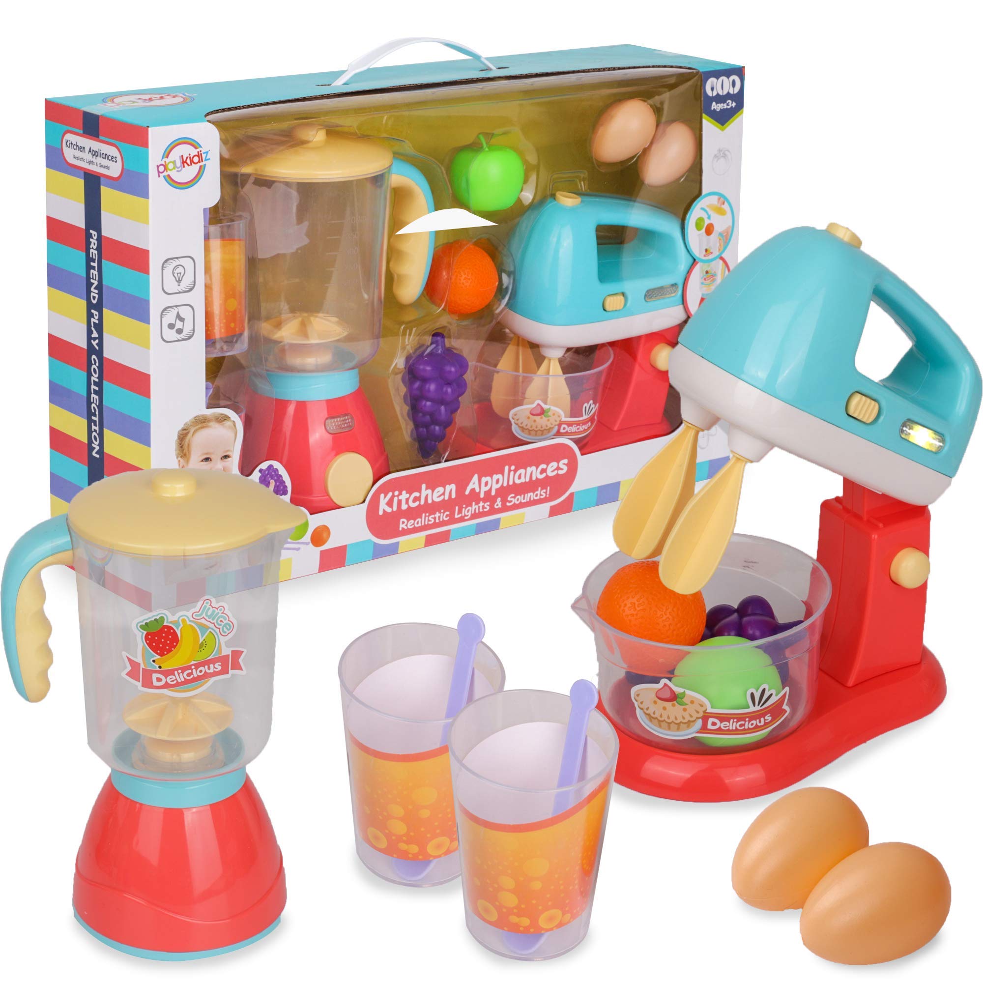 Playkidz Pretend Play Blender and Mixer Kitchen Toy Set with Lights & Sounds - Educational Cooking Playset with Fake Food - Best Gift for Kids Ages 3+ - Perfect for Role Play, Birthday Parties & Preschool Learning
