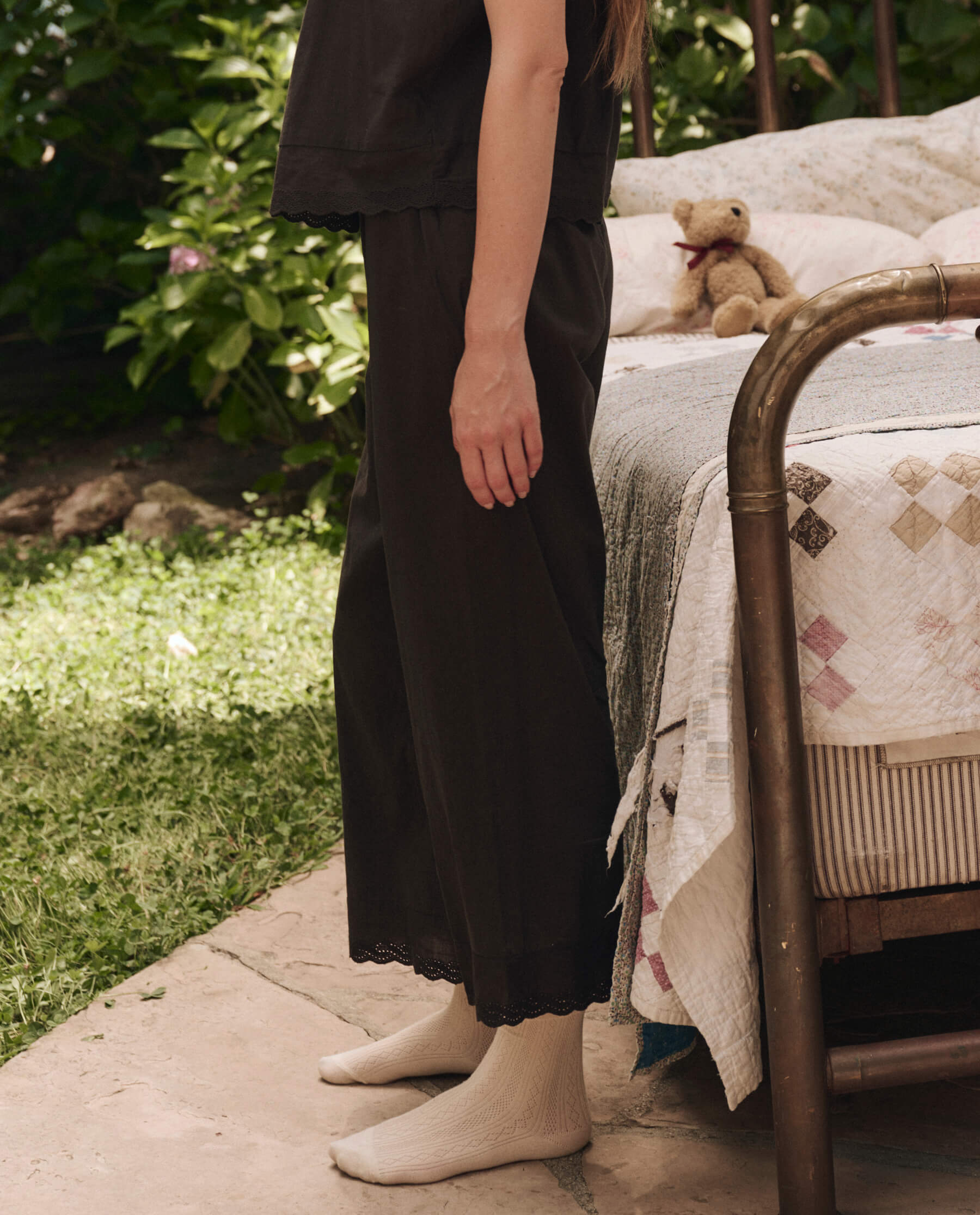 Comfortable Eyelet Sleep Pants for Women - Soft Black Lounge Pajama Bottoms for Relaxing at Home or Traveling