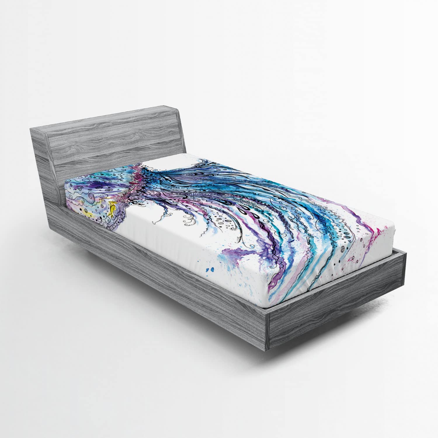 Ambesonne Jellyfish Fitted Sheet - Twin XL Size, Aqua Ocean Animal Print Sketch Design, Deep Pocket All-Round Elastic Bed Cover in Blue Purple White | Marine Themed Bedding for Kids Rooms, Beach Houses & Underwater Decor