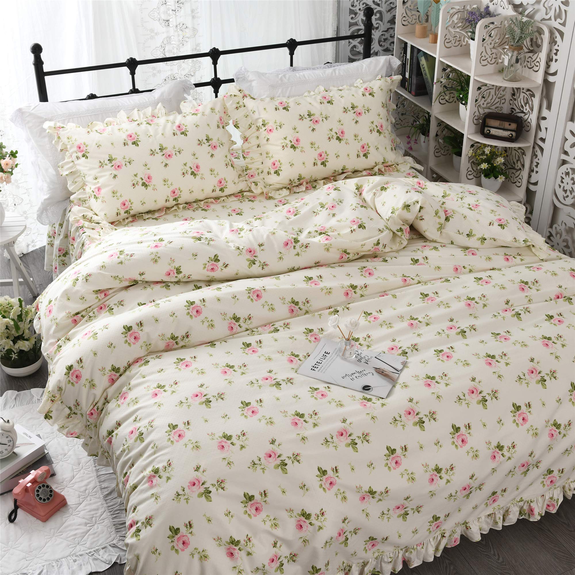 ABREEZE Ruffle Duvet Cover Set Twin Size - Shabby Chic Floral Bedding 3 Piece Set in Beige & Rose | French Country Farmhouse Style for Girls' Room & Guest Bedroom Decor