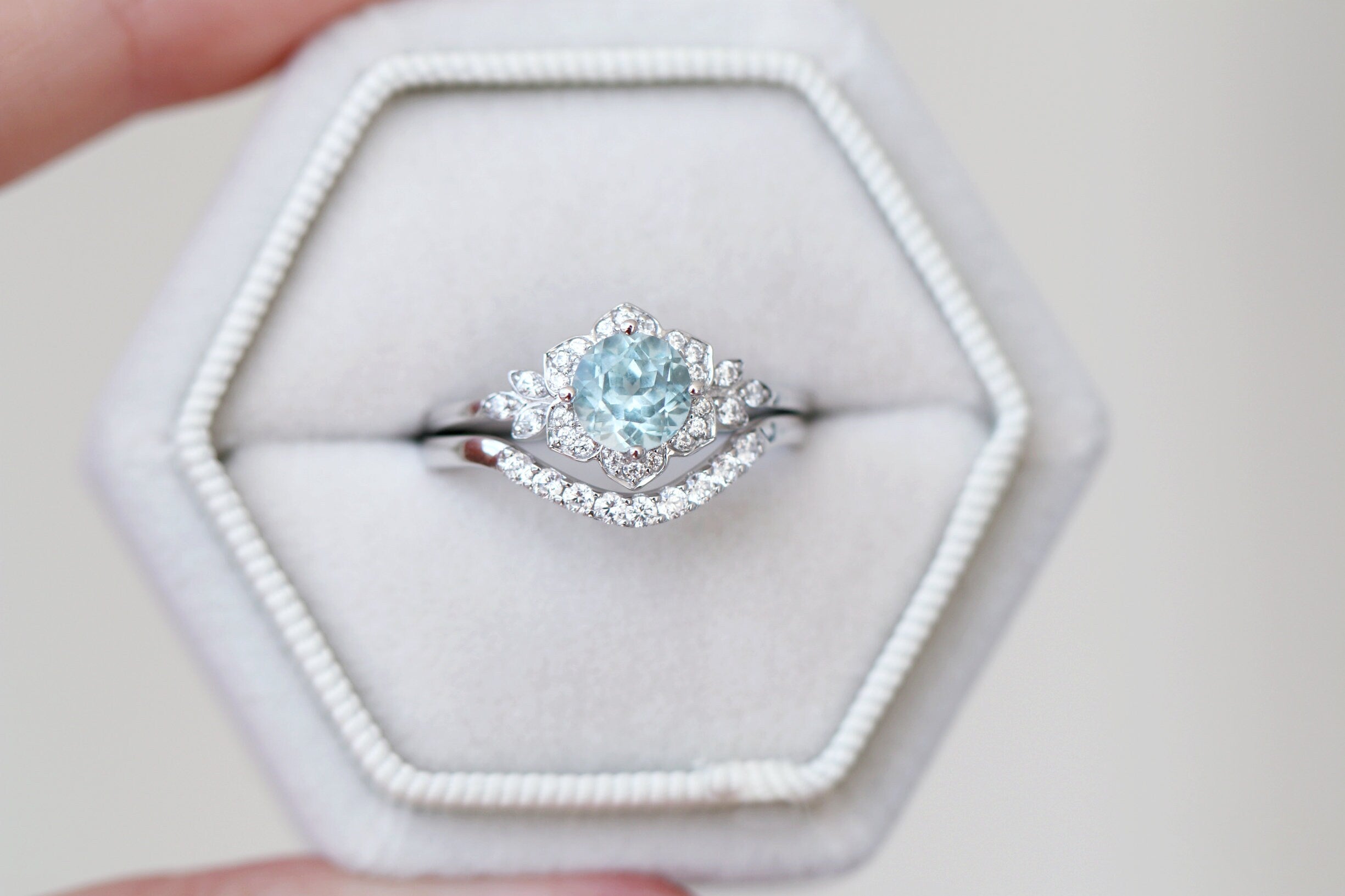 Elegant Sterling Silver Jasmine Aquamarine Ring Set for Women - Perfect for Weddings, Anniversaries & Special Occasions