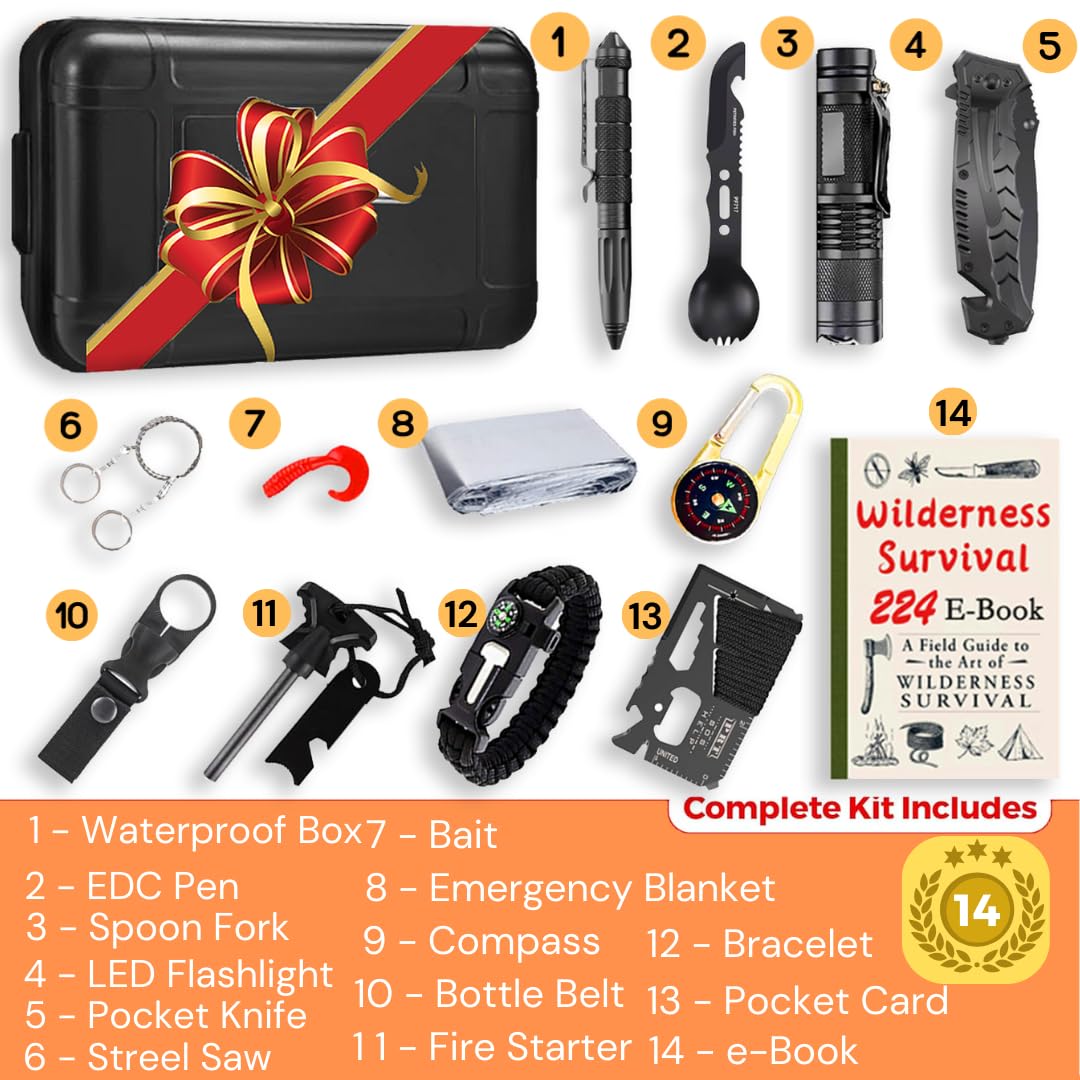 13 in 1 Survival Kit with First Aid Supplies, Emergency Blanket & Tactical Flashlight - Perfect for Camping, Hiking, Outdoor Adventures & Emergency Preparedness - Great Gift for Dad & Outdoor Enthusiasts