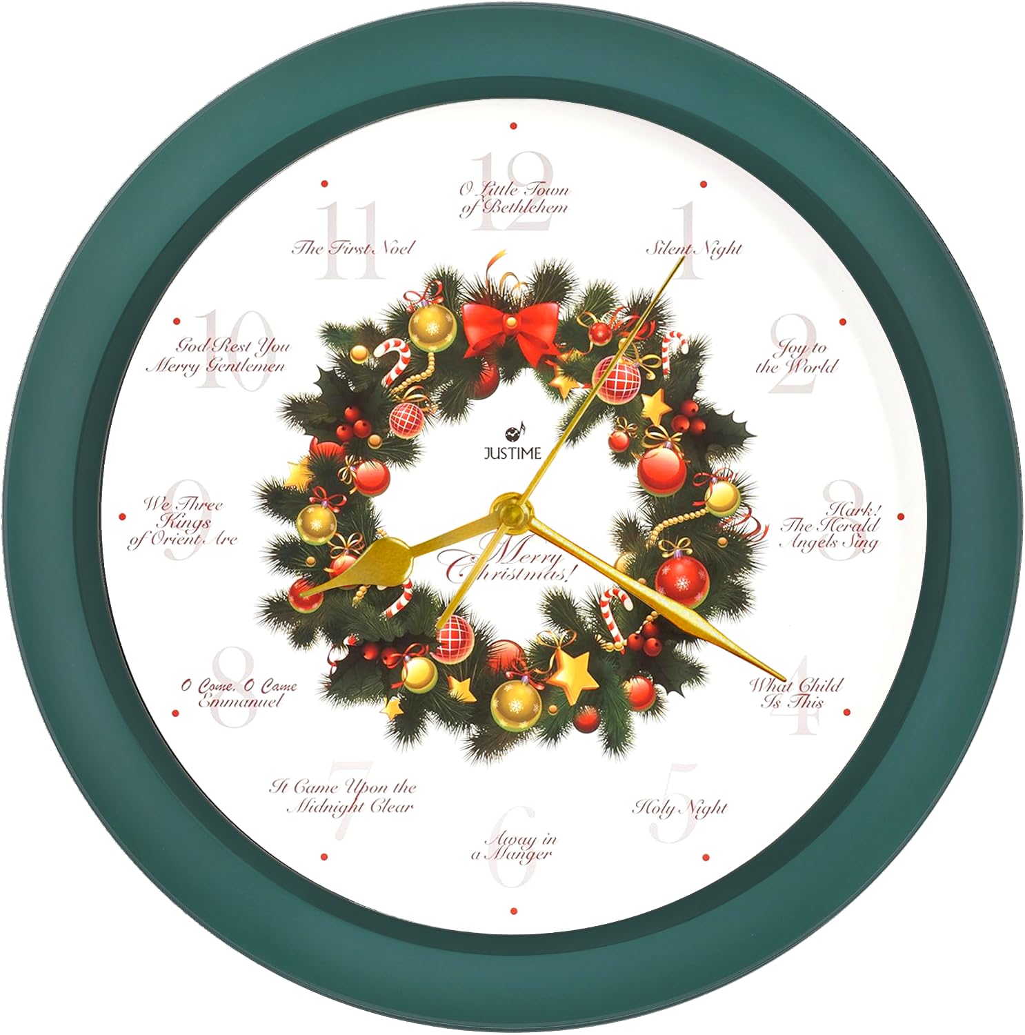 JUSTIME 14-inch Christmas Musical Wall Clock with 12 Carol Melodies - Holiday Wreath Design, Round Chime Clock for Home Decor - Perfect for Living Room, Bedroom, and Christmas Party Decoration