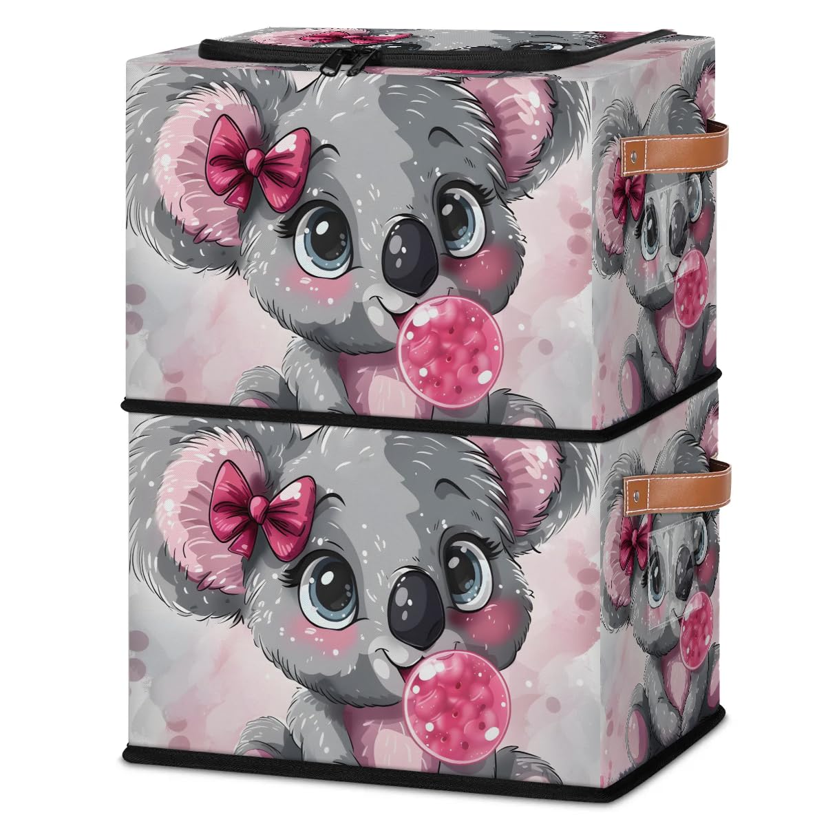 Cute Koala Bow Storage Bins with Zipper Lid - 2pcs Stackable Closet Organizer Baskets with Metal Frame & PU Handles - Perfect for Clothes, Toys, and Home Organization