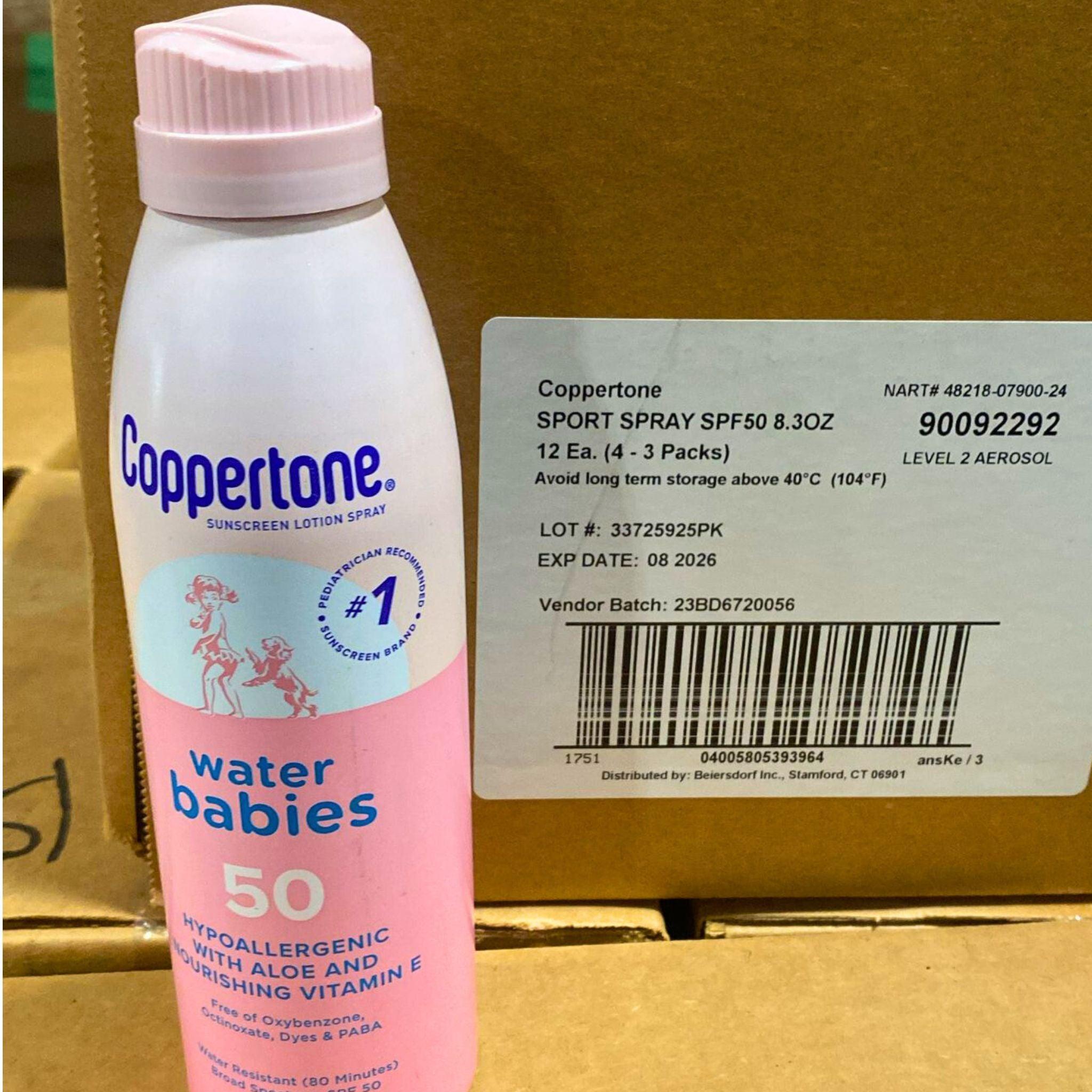 Coppertone Water Babies Hypoallergenic Sunscreen Lotion Spray SPF 50 - 6oz (Pack of 75) - Broad Spectrum UVA/UVB Protection for Sensitive Skin - Perfect for Beach, Pool & Outdoor Family Activities