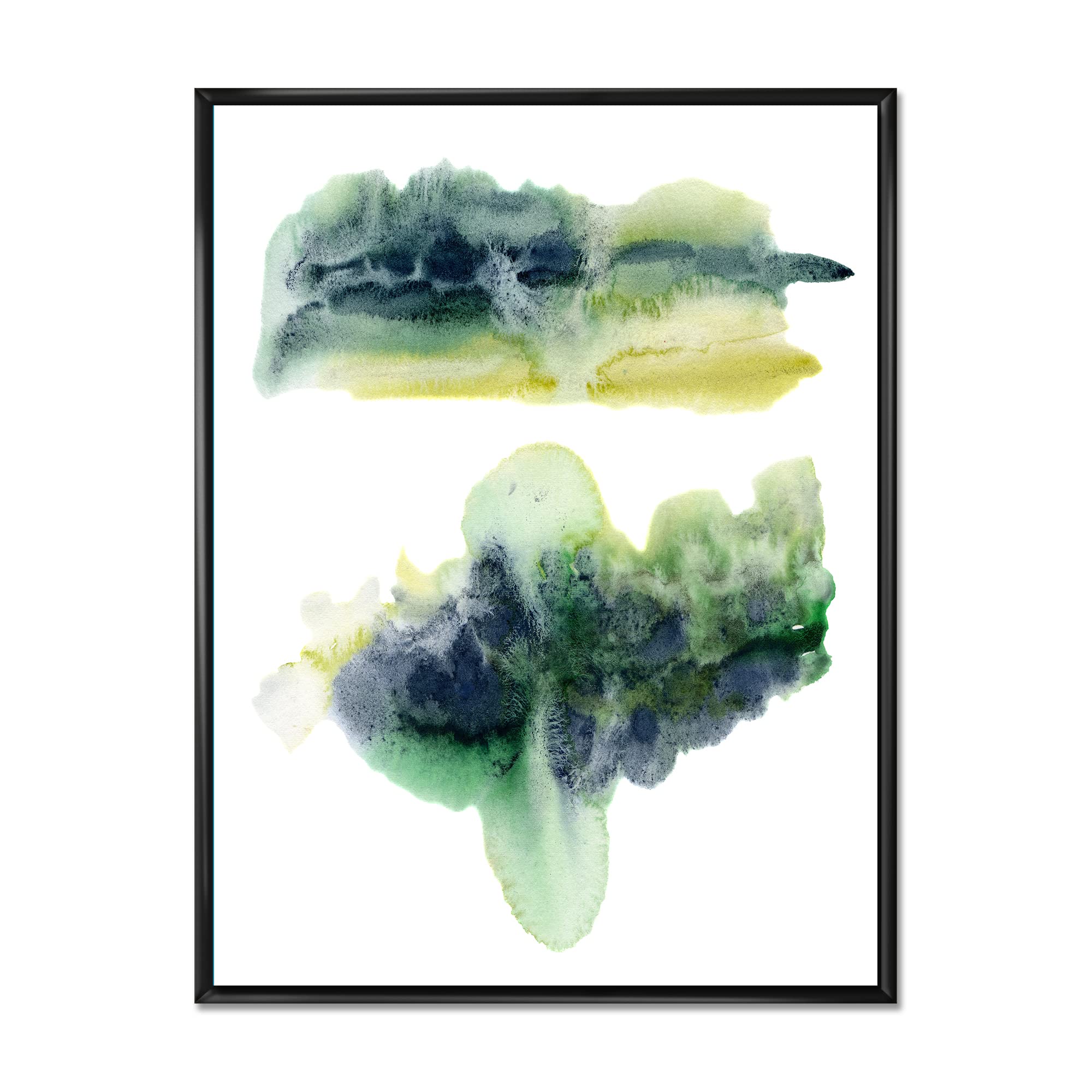 DesignQ Golden Green Abstract Clouds With Blue Points IV - Modern Framed Canvas Wall Art Print for Living Room, Bedroom & Office Decor | Ready to Hang Home Decoration