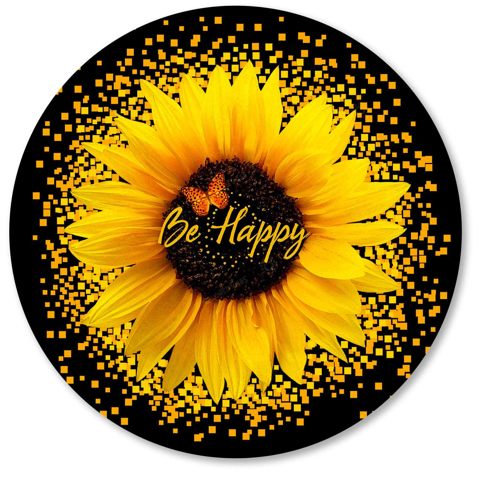 IMAYONDIA Round Mouse Pad with Sunflower & Butterfly Design - Non-Slip Rubber Base for Office & Laptop - 7.9 x 7.9 Inch Yellow Flower Mouse Mat with Inspirational 'Be Happy' Quote - Perfect for Work, Gaming & Home Office Use