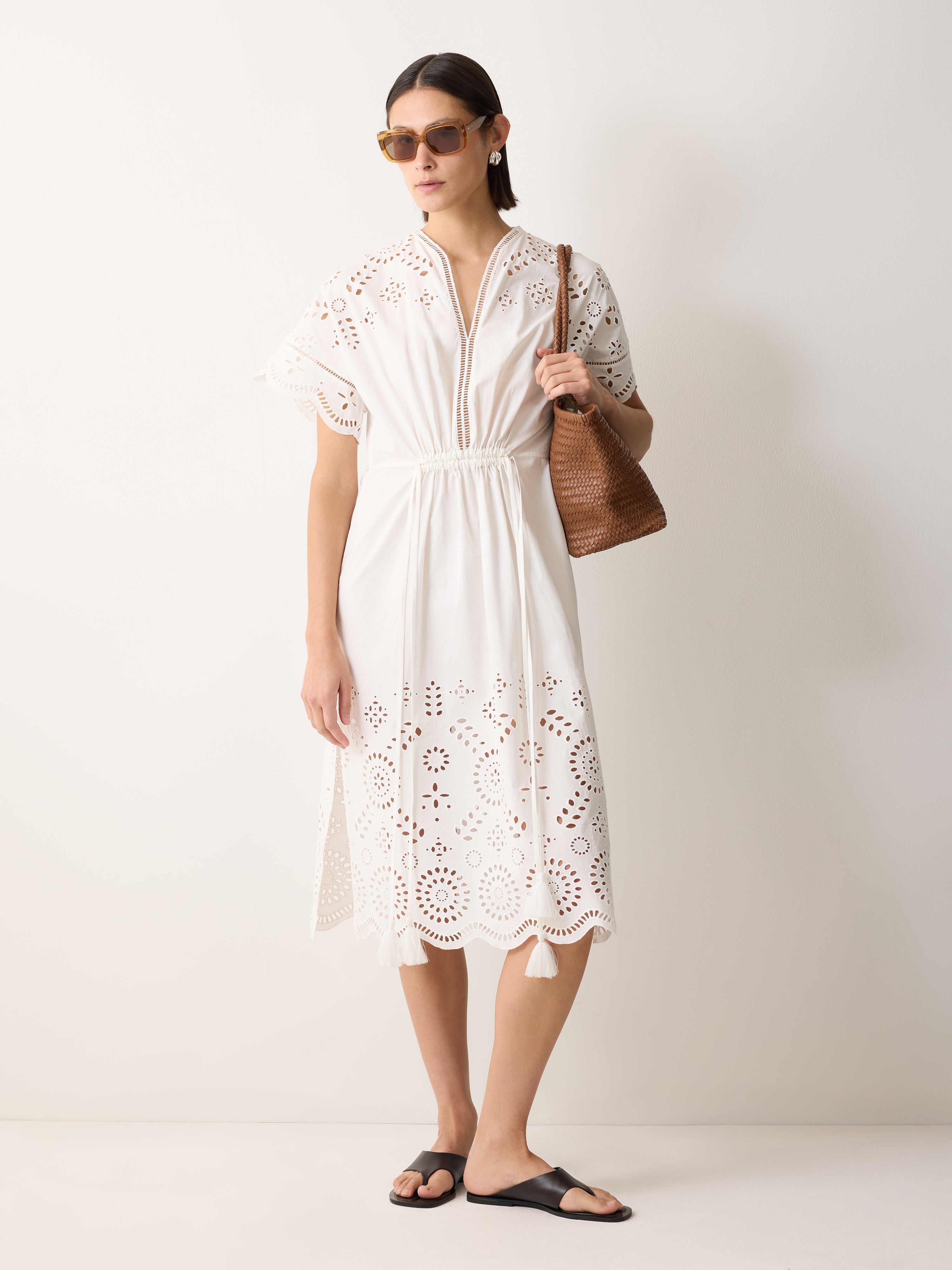 Elegant White Broderie Kaftan Dress - Boho Chic Embroidered Maxi Cover Up for Beach, Vacation & Summer Outfits