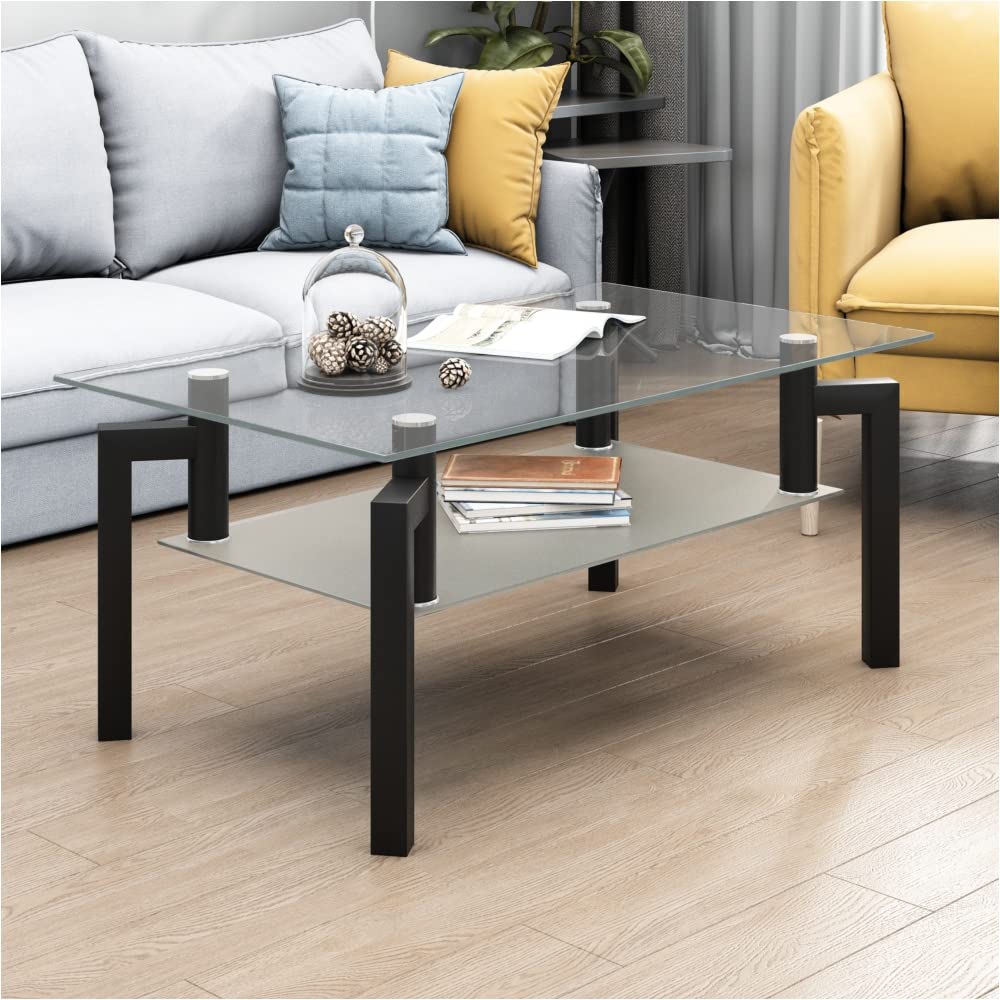 LYBJ Modern Rectangular Black Glass Coffee Table - Transparent Center Table for Living Room, Durable Side Table for Home Decor, Perfect for Lounge, Office or Apartment