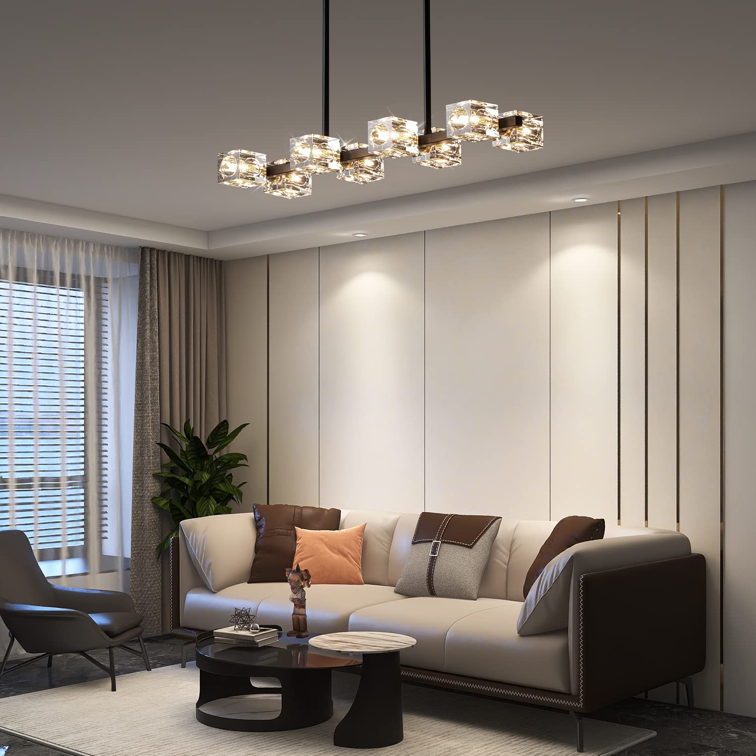 Modern Black Crystal Chandelier with 8 Lights - Cube Pendant Lighting Fixture for Dining Room, Kitchen Island, Bedroom & Living Room | Elegant Ceiling Lamp for Home Decor, Wedding Venues and Restaurants