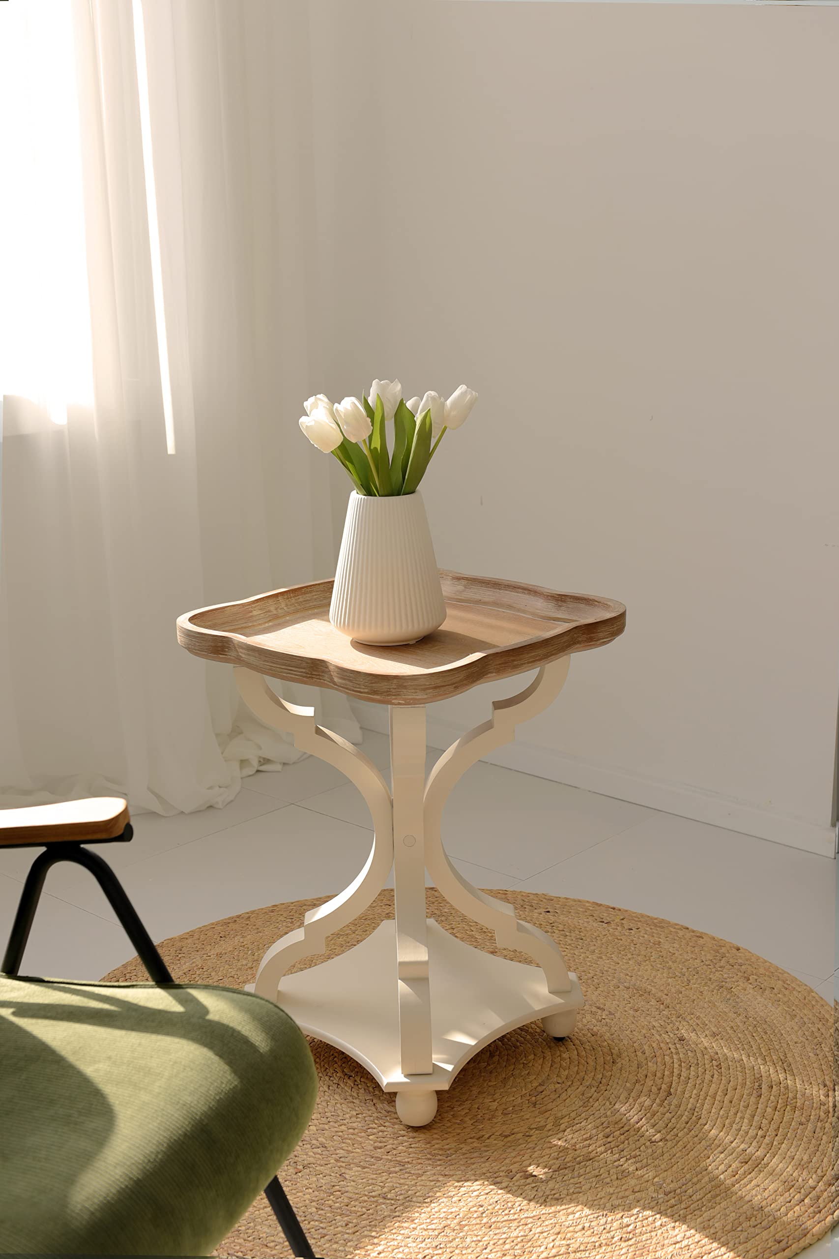LONYKE 2-Piece Farmhouse End Table Set - Rustic Accent Side Tables with Natural Tray Top, Handcrafted Modern Nightstands in White - Perfect for Living Room, Bedroom & Dining Room Decor
