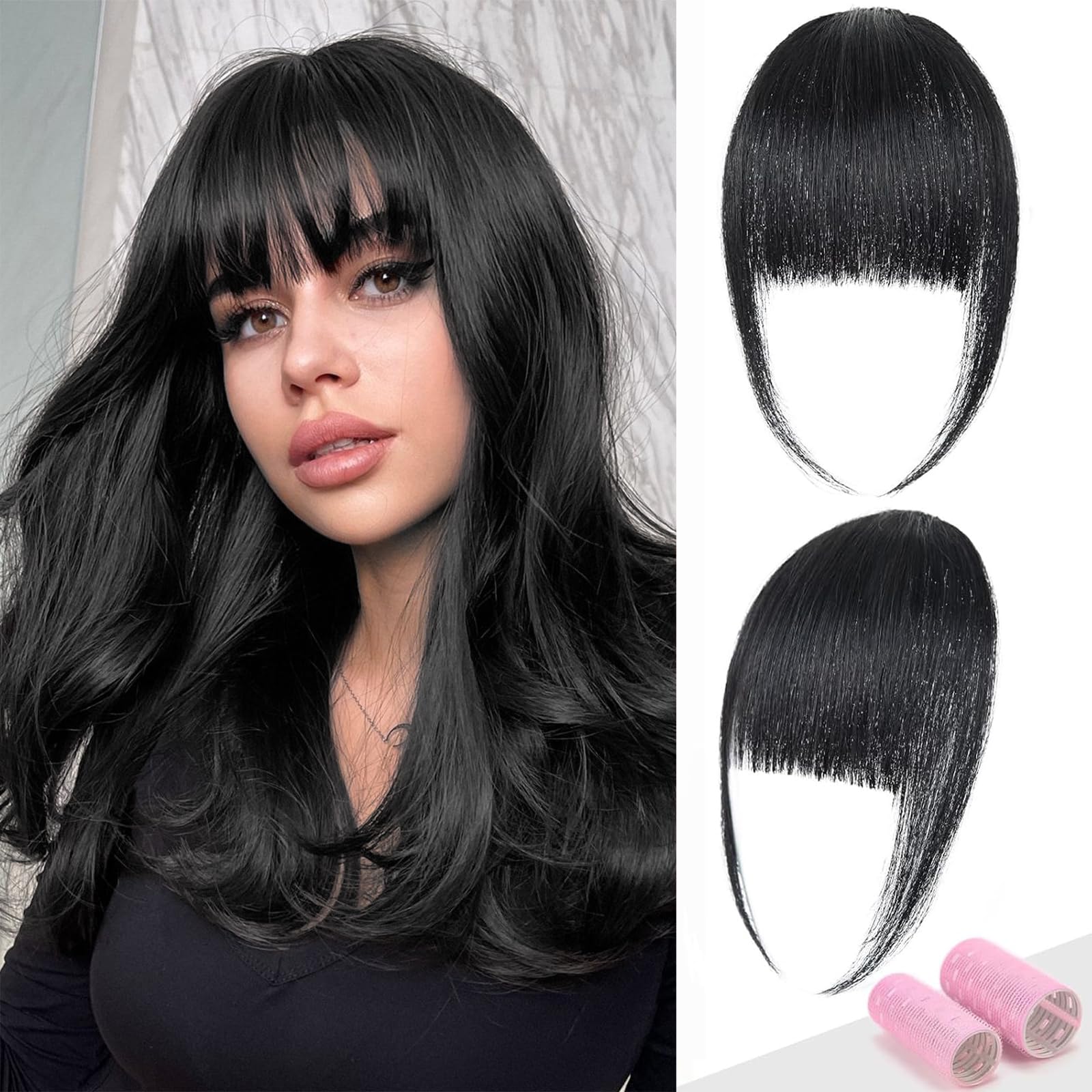 LEEONS Clip-in Bangs Black 100% Human Hair - Blunt Cut Fake Bangs for Women | Natural Looking Hair Extensions for Daily Wear, Parties & Halloween Costumes (1B Black)