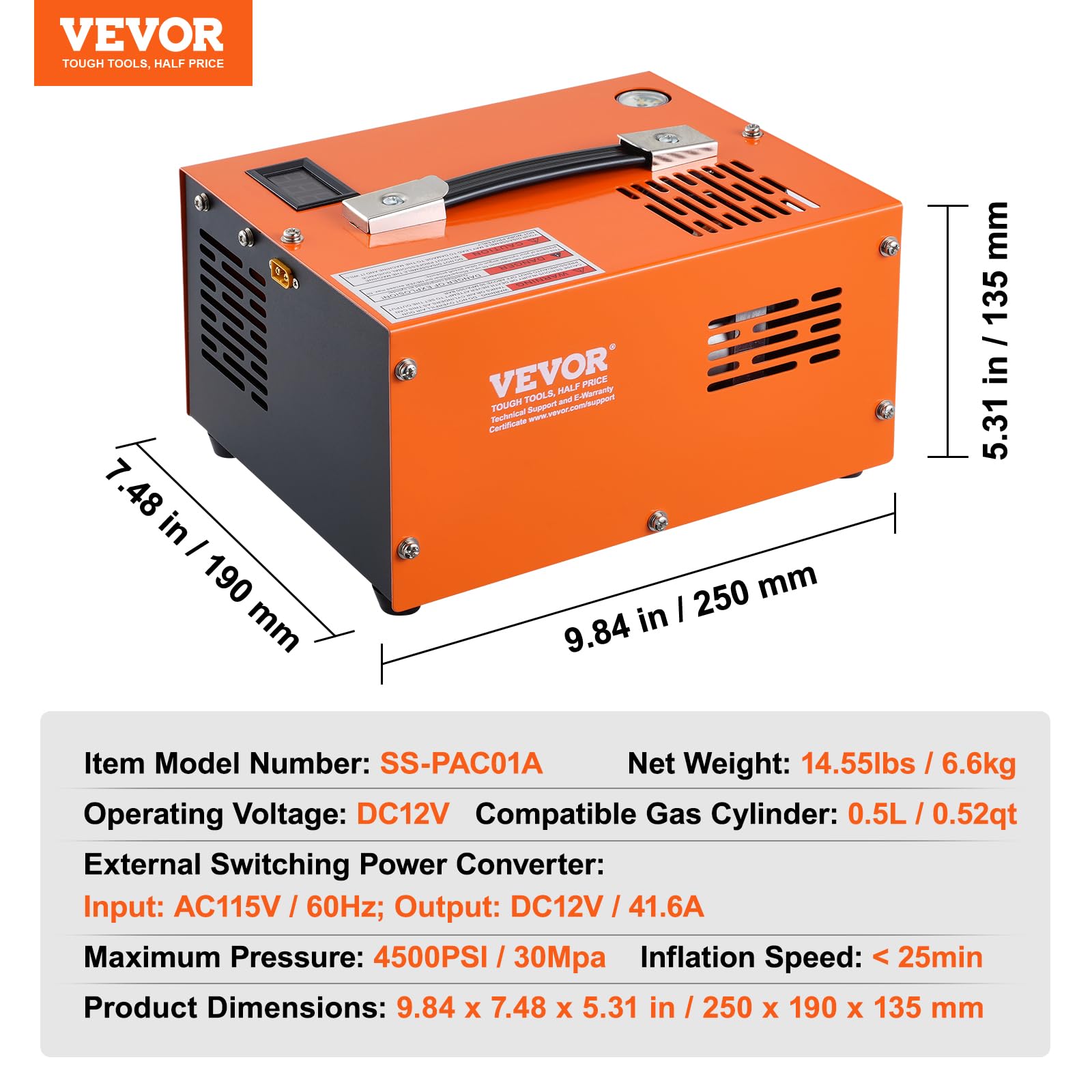 VEVOR 4500PSI Portable PCP Air Compressor for Airguns, Paintball & Scuba Tanks - Oil-Free, Water-Free, 12V/115V Dual Power with Manual Stop - Perfect for Hunting, Sports & Diving Adventures