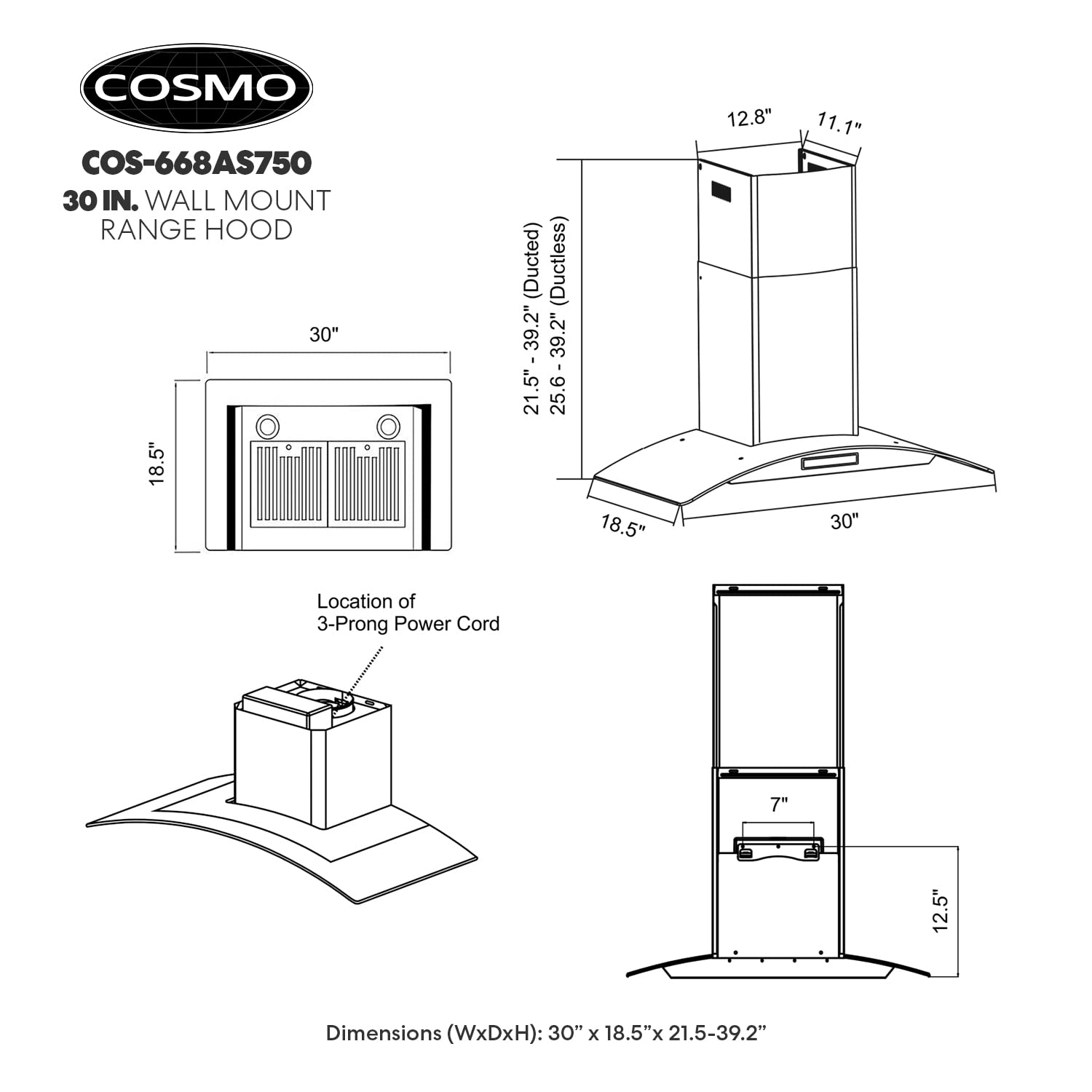 COSMO COS-668AS750 30-inch Stainless Steel Wall Mount Range Hood with 380 CFM Ducted Ventilation, Touch Controls & LED Lights - Perfect for Modern Kitchens & Open-Concept Homes