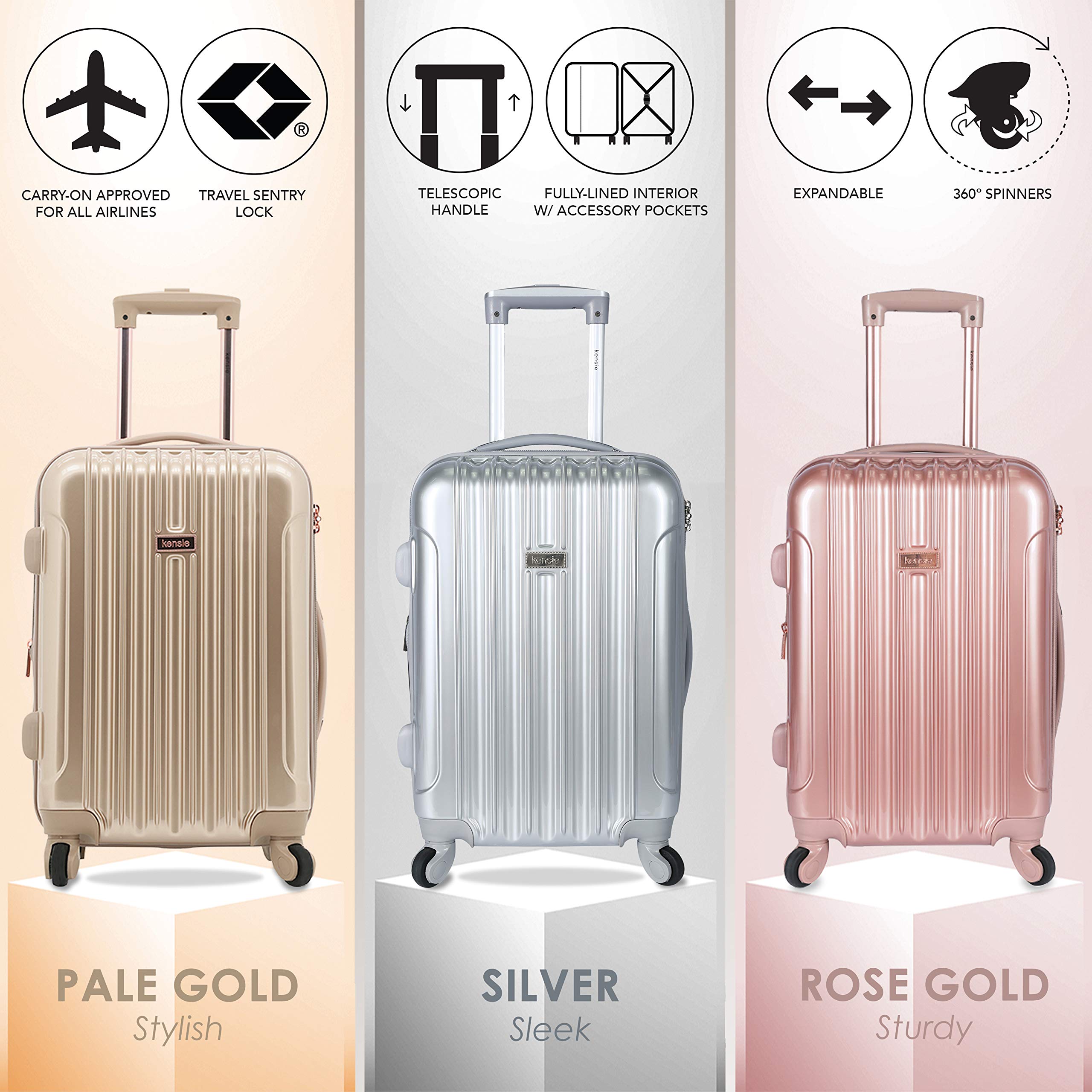 Kensie Women's Alma 20-Inch Rose Gold Carry-On Luggage Set - Lightweight Spinner Suitcase for Travel, Business Trips & Weekend Getaways