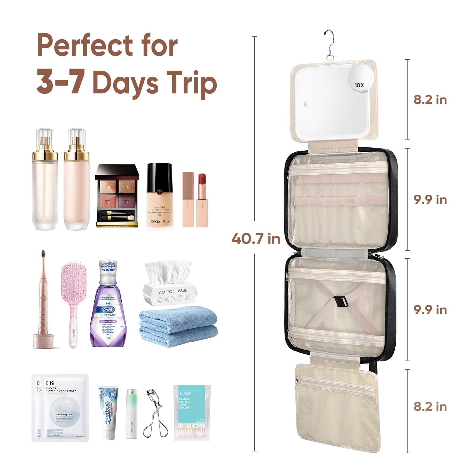 Large Travel Toiletry Bag with LED Mirror - Waterproof Hanging Cosmetic Organizer for Women & Men - Perfect for Makeup, Toiletries & Accessories - Ideal for Travel, Gym & Daily Use