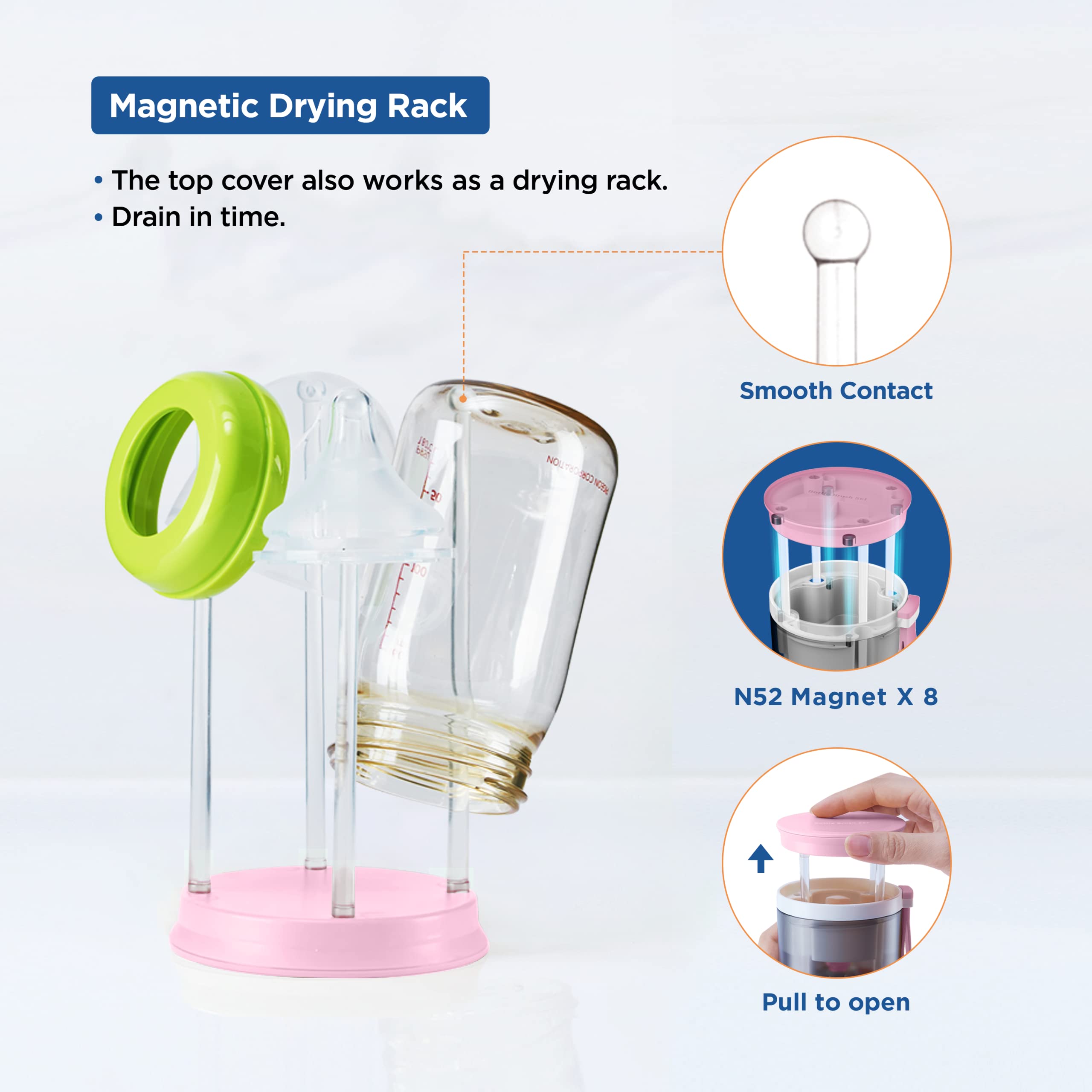 YOTIME Travel Baby Bottle Cleaning Kit - Extendable Silicone Bottle Brush, Nipple Brush, Magnetic Drying Rack, Straw Cleaner & Soap Dispenser - Perfect for On-the-Go Parents, Baby Travel Essentials, Nursery Organization (Pink)