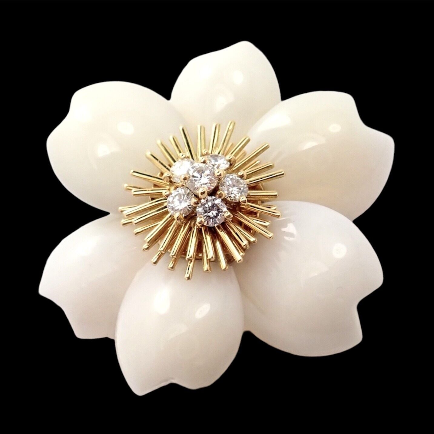 Van Cleef & Arpels Rose de Noel Diamond & White Coral Flower Yellow Gold Brooch - Luxury Jewelry Gift for Women, Perfect for Weddings & Special Occasions