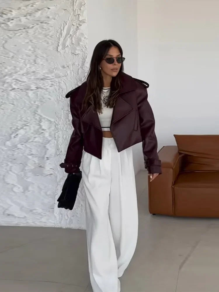 Stylish Women's Burgundy Leather Jacket with Lapel - Casual Loose Fit Long Sleeve Coat with Pockets | Autumn & Winter Outerwear for Street Fashion, Date Nights & Office Wear