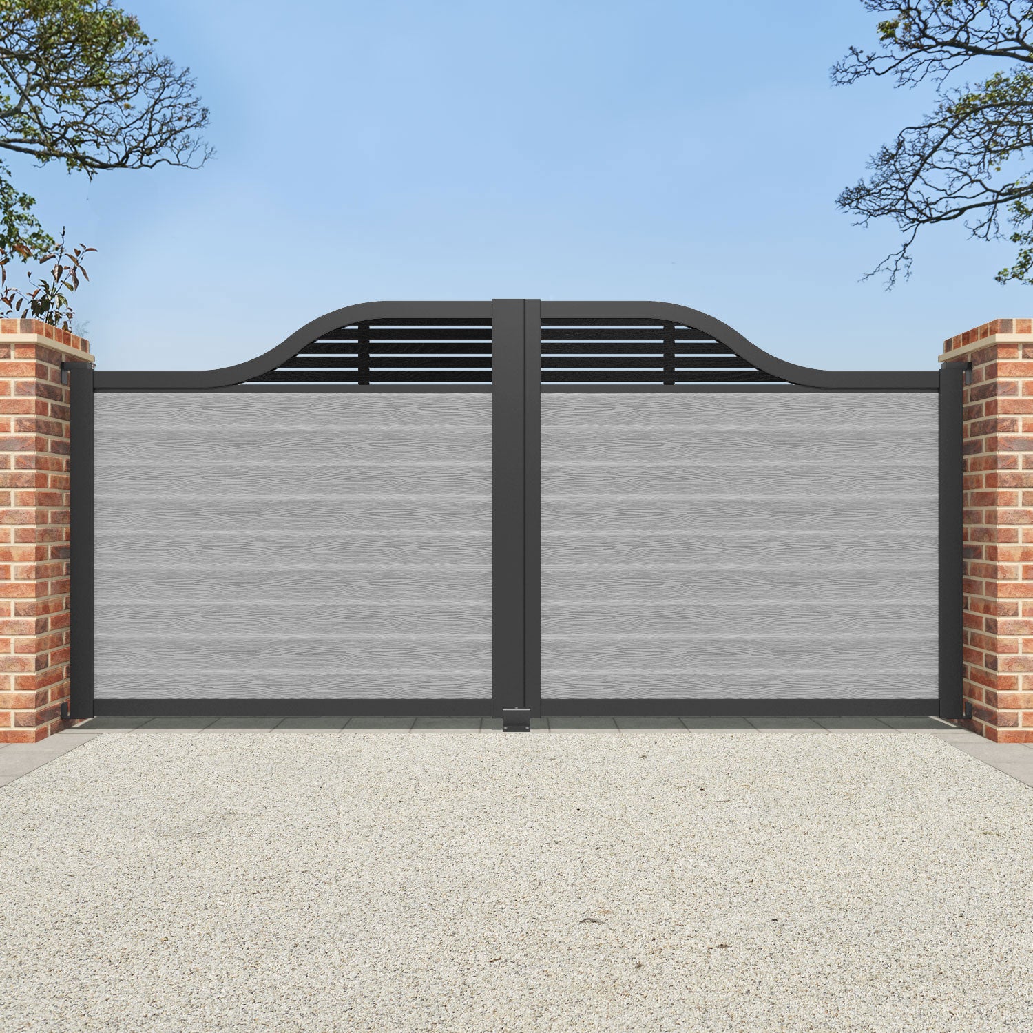 Classic Aspen Curved Top Driveway Gate - Light Grey Powder Coated Steel with Decorative Top Screen | Perfect for Residential Driveways, Garden Entrances & Property Security