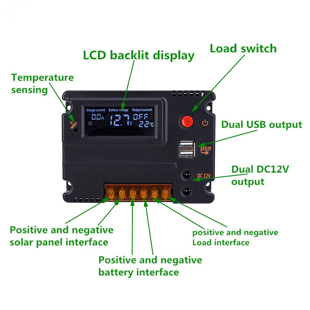 12V/24V Solar Charge Controller with LCD Display - Durable MPPT Regulator for 4S LiFePO4 Batteries - Perfect for RV, Marine, Off-Grid Solar Power Systems