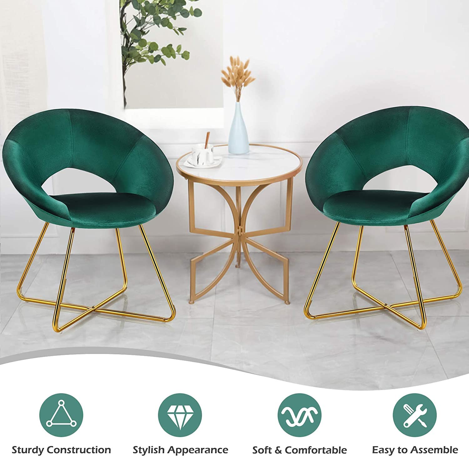 Mid-Century Velvet Accent Chair with Metal Legs - Green Upholstered Vanity Desk Chair for Living Room, Bedroom & Home Office - Golden Finished Modern Sofa Armchair (Set of 2) | Perfect for Reading Nooks, Lounge Areas & Stylish Workspaces