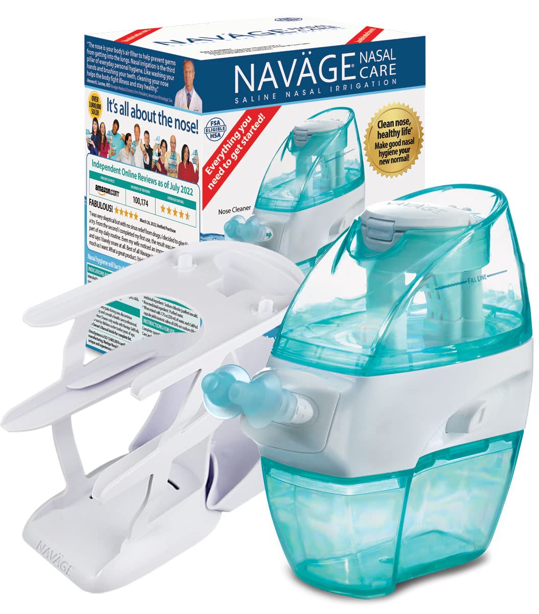 Navage Essentials Bundle Nasal Irrigation System - Saline Nasal Rinse Kit with 1 Nose Cleaner, 30 Salt Pods, Countertop Caddy & Teal Travel Case | Sinus Relief for Allergies, Cold & Congestion | Perfect for Home & Travel Use