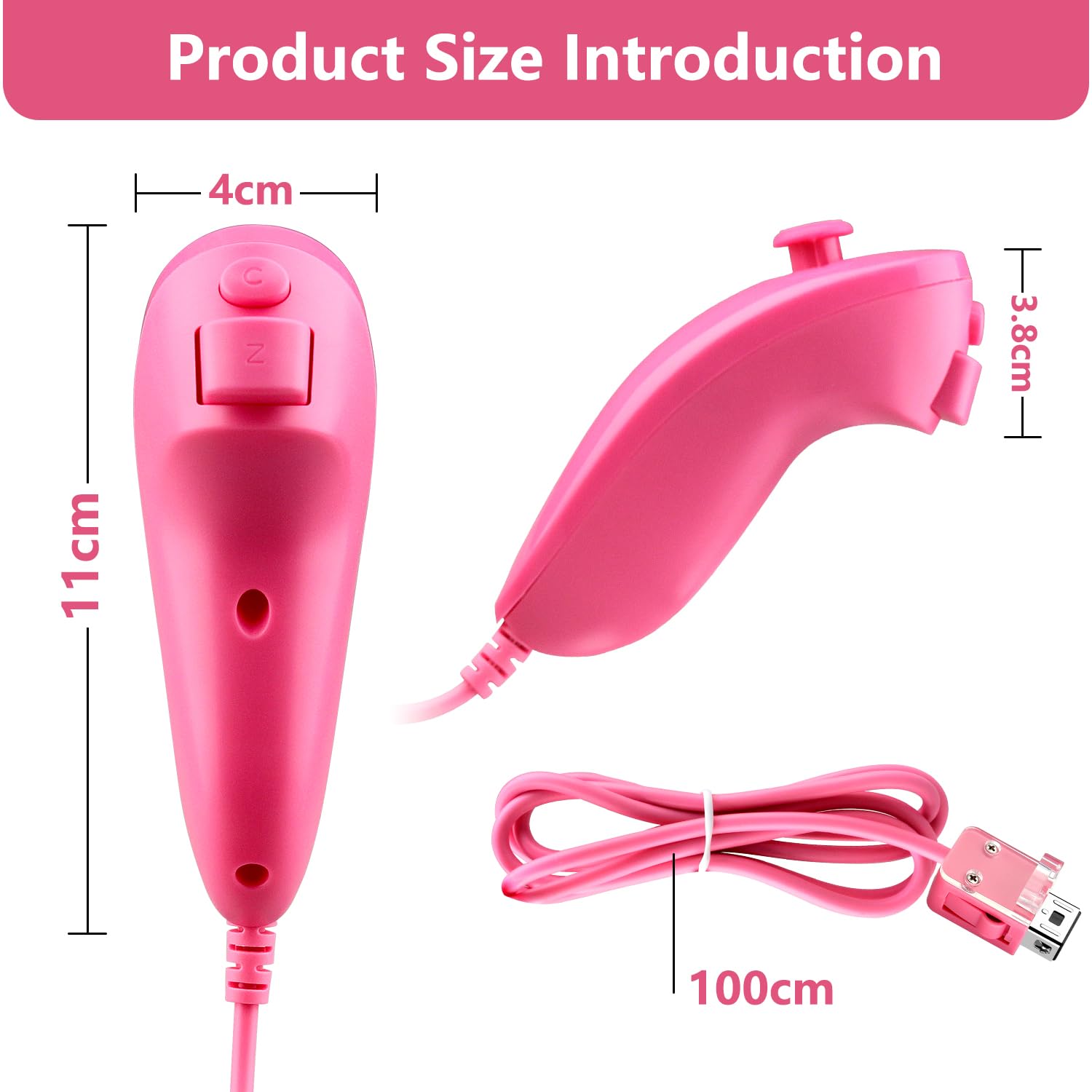 OSTENT Motion-Sensing Wired Nunchuk Controller for Nintendo Wii - Pink Gaming Accessory | Perfect for Wii Sports, Mario Kart & Family Game Nights