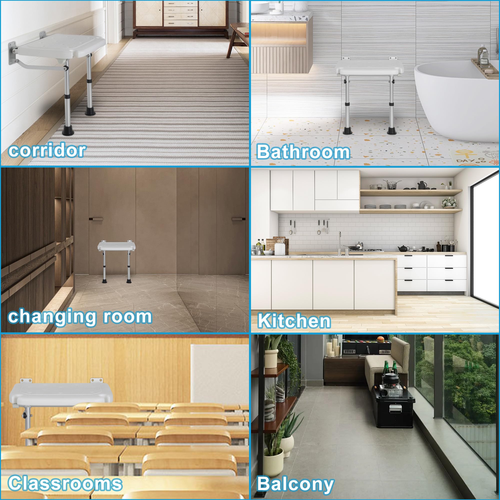 BQKOZFIN Adjustable Height Wall Mounted Folding Shower Seat - Foldable Shower Chair for Elderly & Disabled - Space Saving Bathroom Stool for Small Showers, Bathtubs & Tight Spaces - Ideal for Seniors Safety & Compact Bathroom Storage