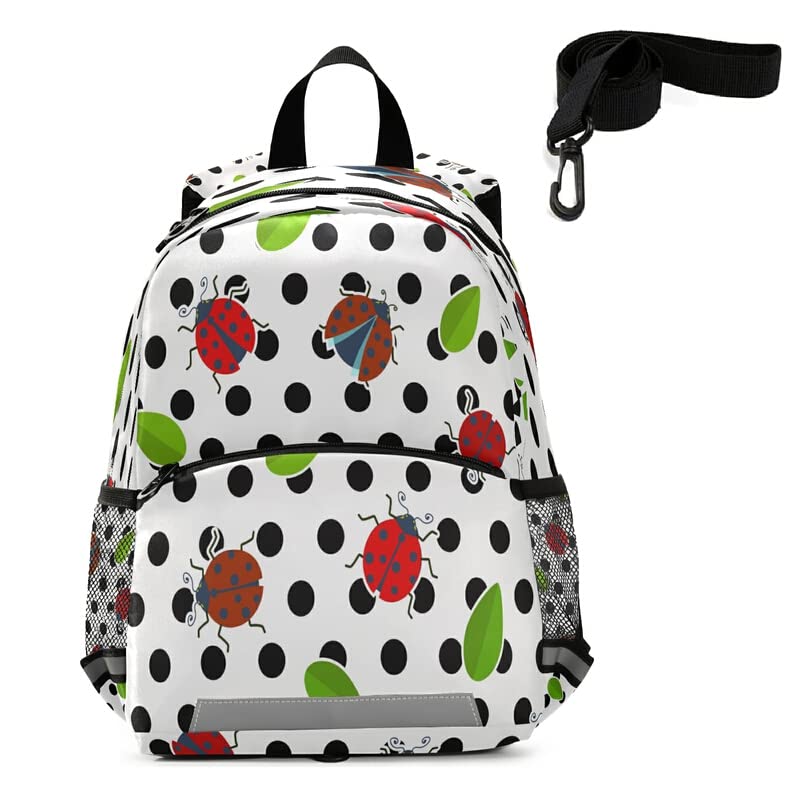 QUGRL Red Ladybugs Toddler Backpack with Black Polka Dots - Cute Kindergarten School Bag for Preschool & Nursery, Travel Backpack with Safety Leash Harness for Boys & Girls Ages 3-8 - Perfect for School, Daycare & Family Outings