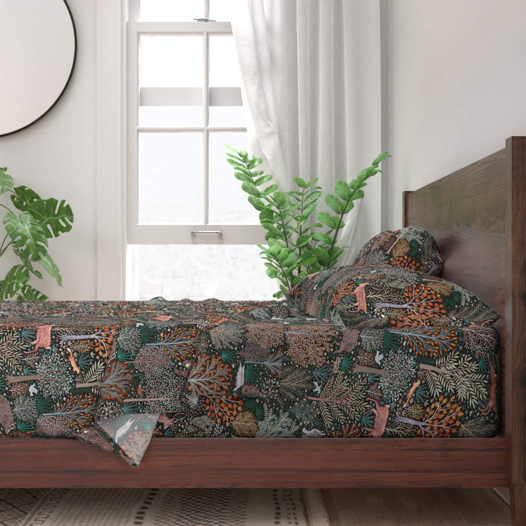 100% Cotton King Size 4-Piece Sheet Set - Rustic Fall Forest Animals Leaves Trees Woodland Autumn Thanksgiving Print Custom Bedding | Soft Breathable Bed Sheets for Cozy Seasonal Home Decor