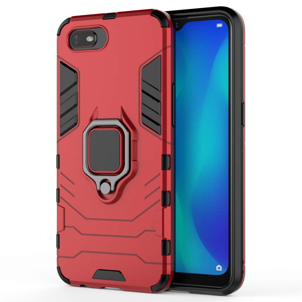 LuluMain Shockproof Hard Bumper Case for Oppo A1K & Realme C2 - Metal Ring Grip with Kickstand | Magnetic Car Mount Compatible | Dual Layer Rugged Cover (Red) - Perfect for Outdoor Activities & Daily Protection